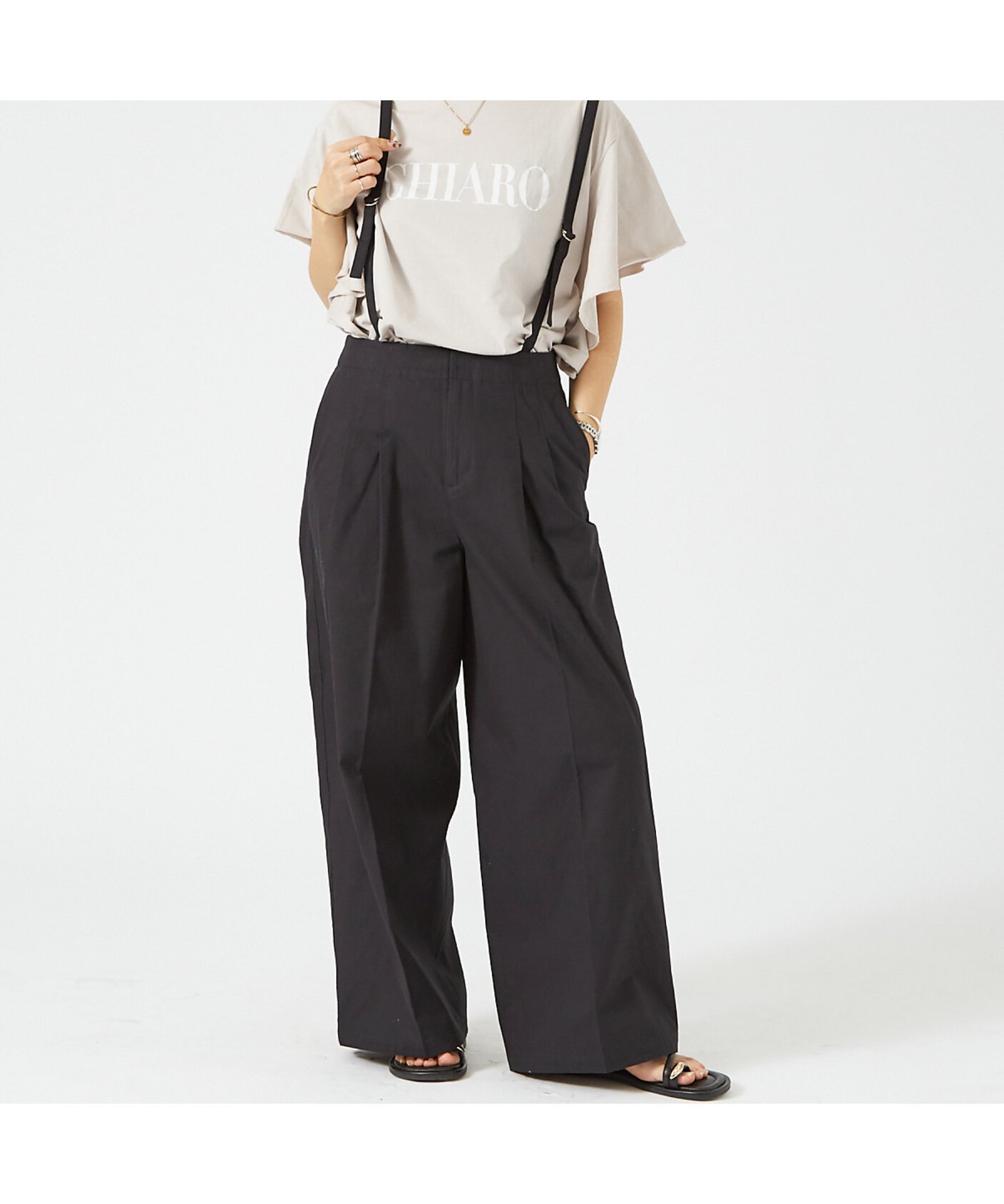 Rouge vif la cle サスペンダーワイドタックパンツ ルージュ・ヴィフ ラクレ パンツ その他のパンツ ブラック ホワイト ベージュ