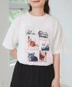 BEAMS HEART WOMEN ネコ フォト コラージュ Tシャツ ビームス ハート トップス カットソー・Tシャツ ホワイト ブラック
