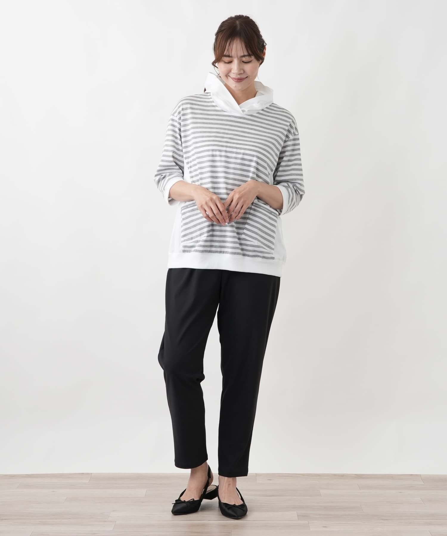 Leilian PLUS HOUSE ボーダー切り替えパーカー【MUSE BY ROCHAS Premiere】 レリアン プラスハウス トップス カットソー・Tシャツ ネイビー