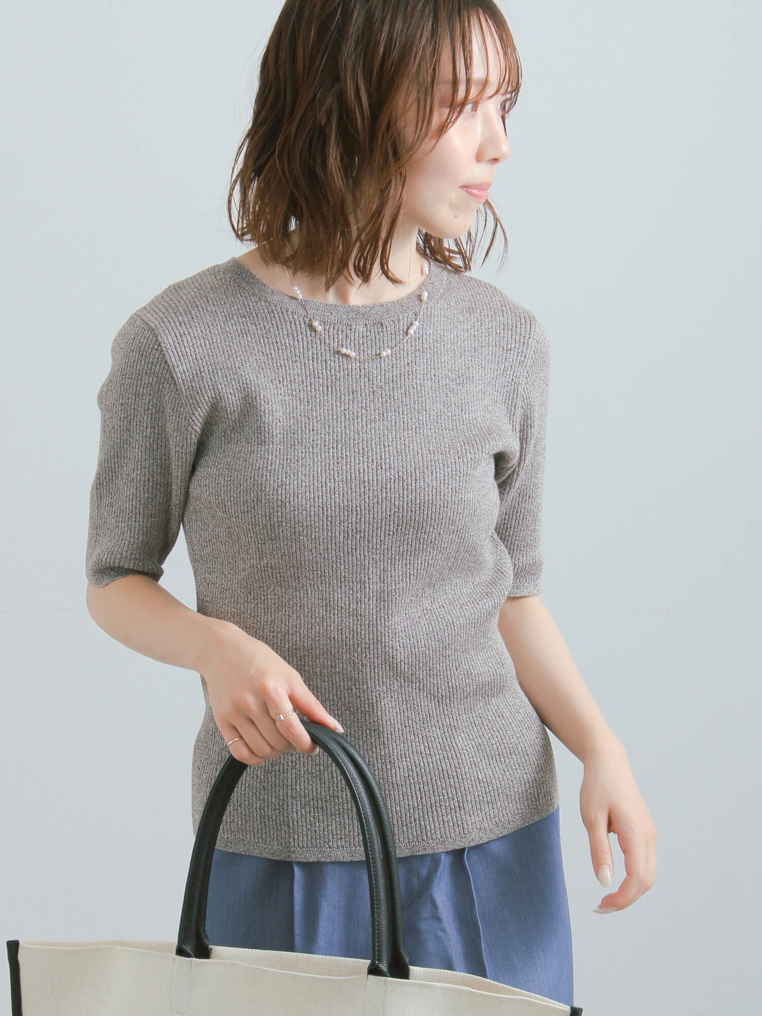 Te chichi ラメメランジリブニット テチチ トップス ニット グレー ブラウン
