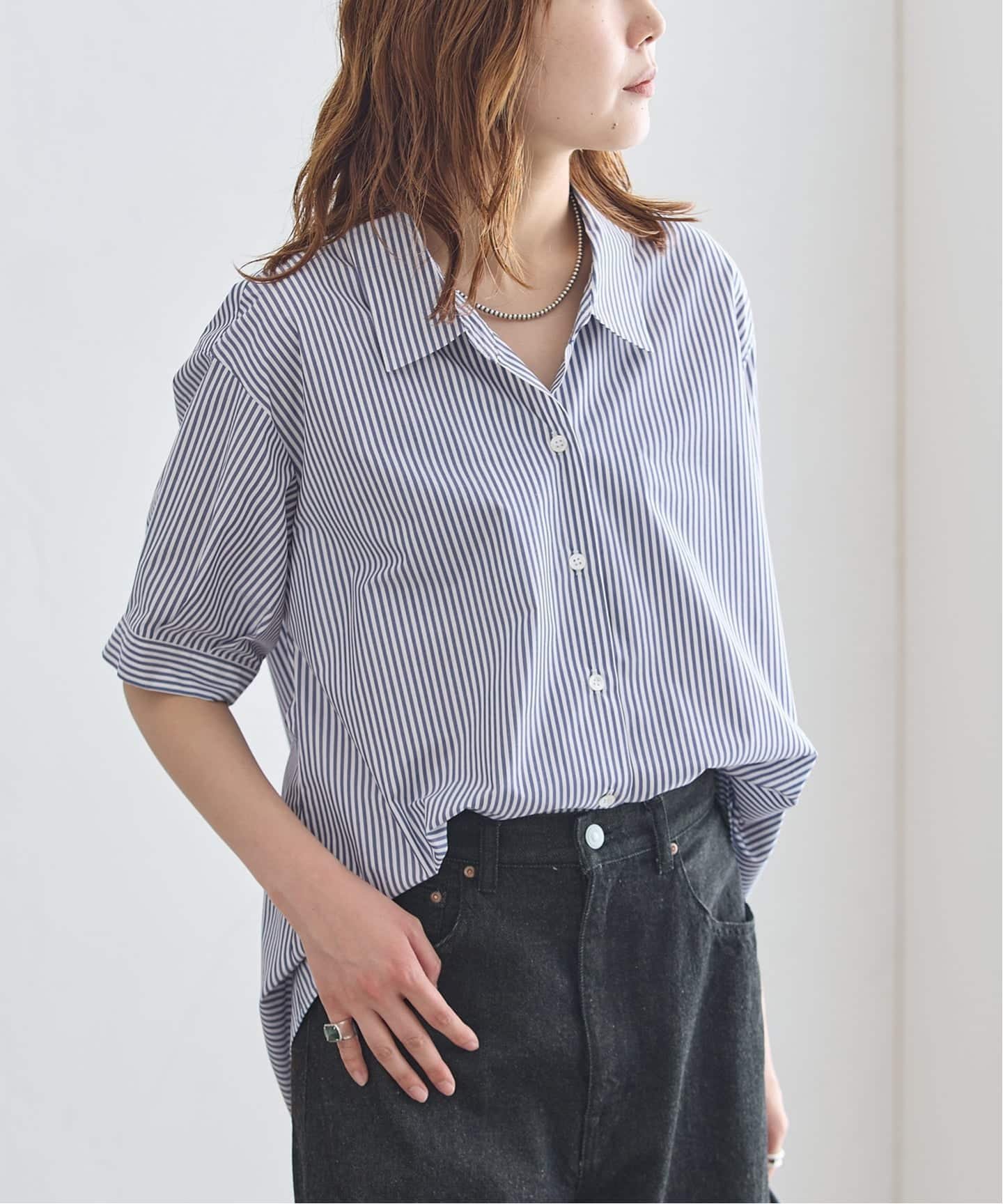 JOURNAL STANDARD L'ESSAGE オープンカラーシャツ ジャーナルスタンダード レサージュ トップス シャツ・ブラウス ネイビー ホワイト グレー