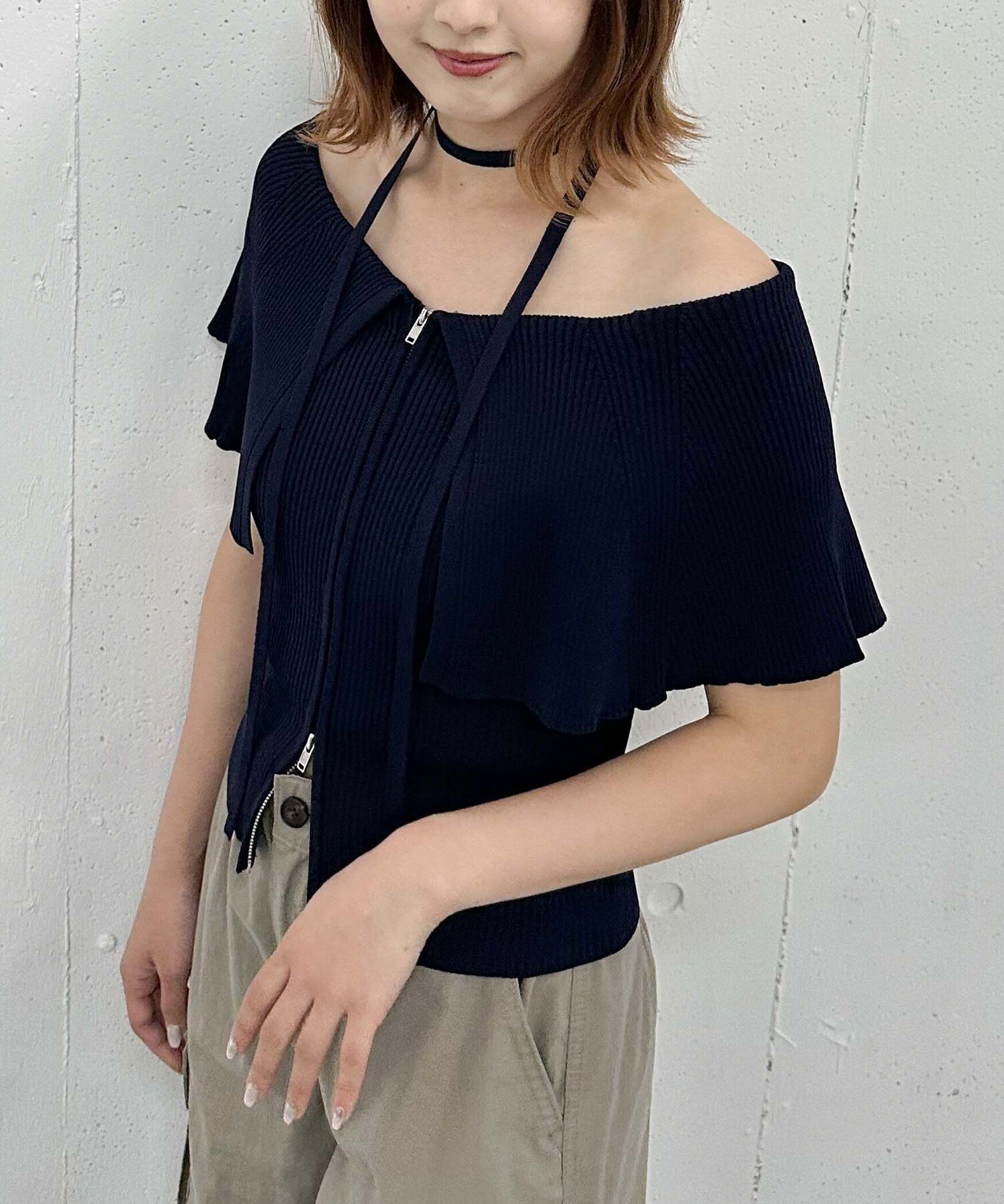 ケープカラーWzipオフショルニット アルシーヴ トップス ニット ホワイト レッド イエロー ネイビー