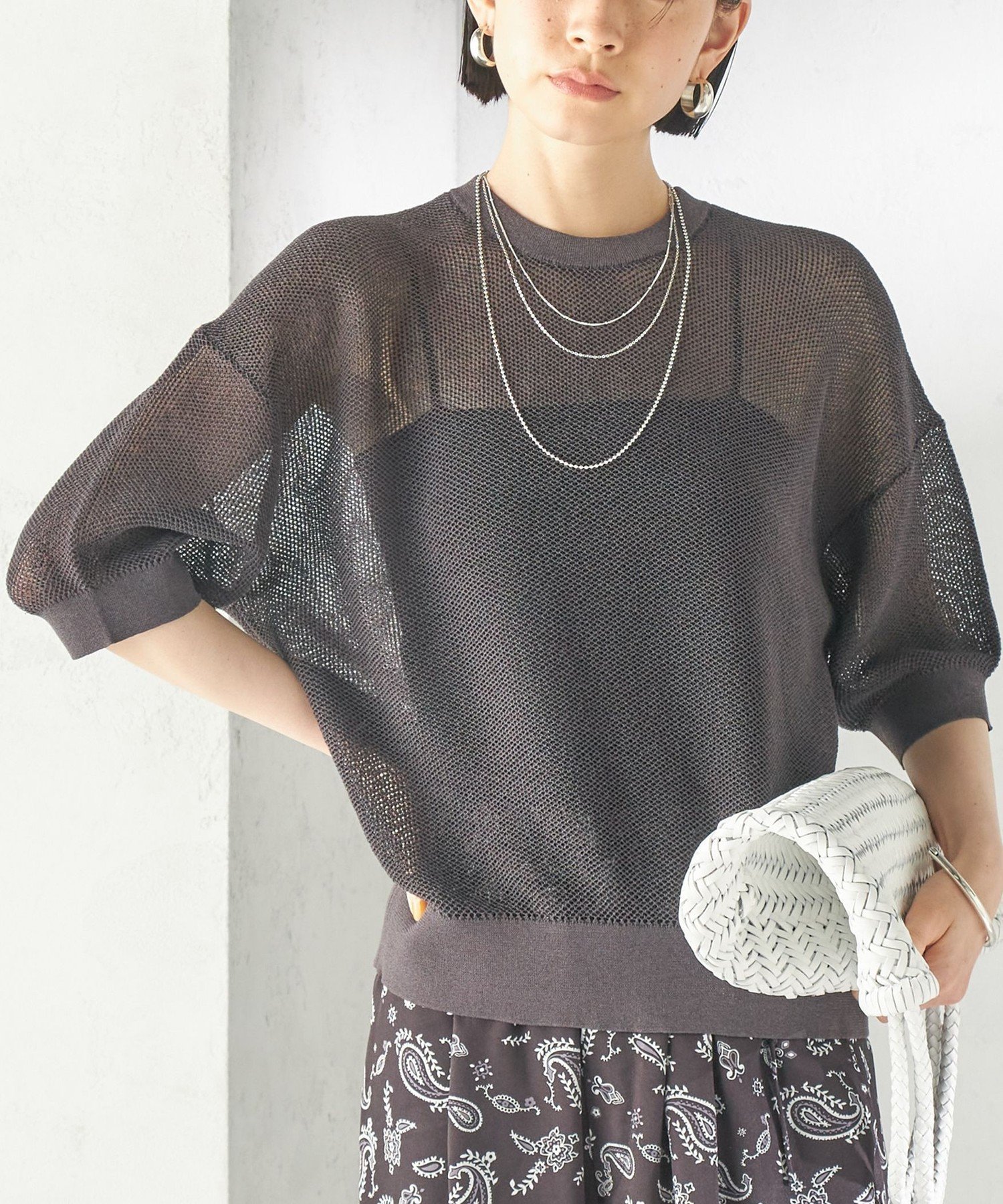WOMEN ＜手洗い可能＞16G 半袖 プルオーバー シップス トップス ニット ホワイト ネイビー ピンク