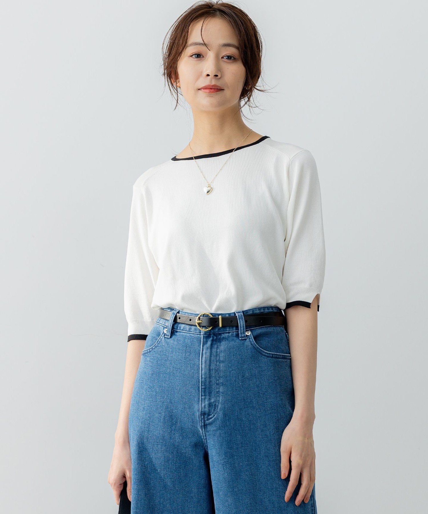 組曲 L 5分袖ニットTシャツ クミキョク トップス ニット ホワイト ブラック