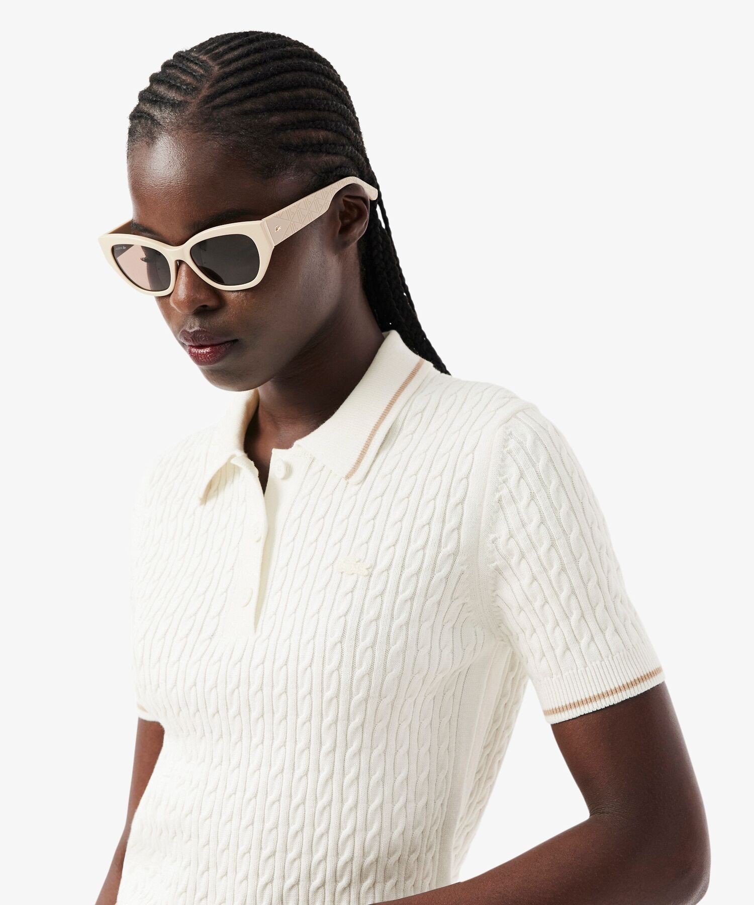 LACOSTE 配色ライン サマーニットポロシャツ ラコステ トップス ニット ホワイト【送料無料】