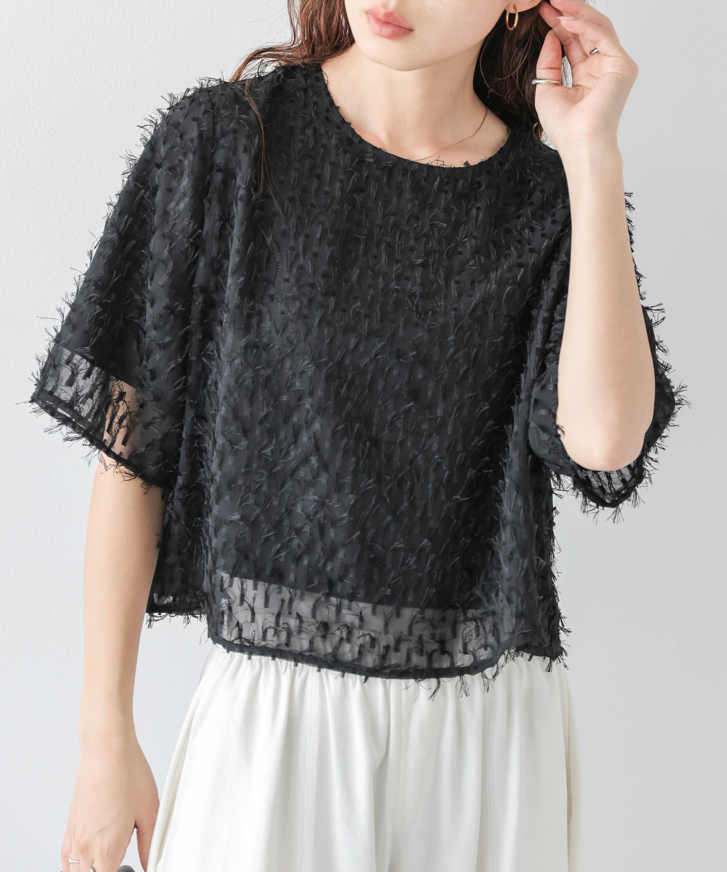 La-gemme フリンジシアー ジャガードトップス ラジュール トップス カットソー・Tシャツ ホワイト ピンク ブラック