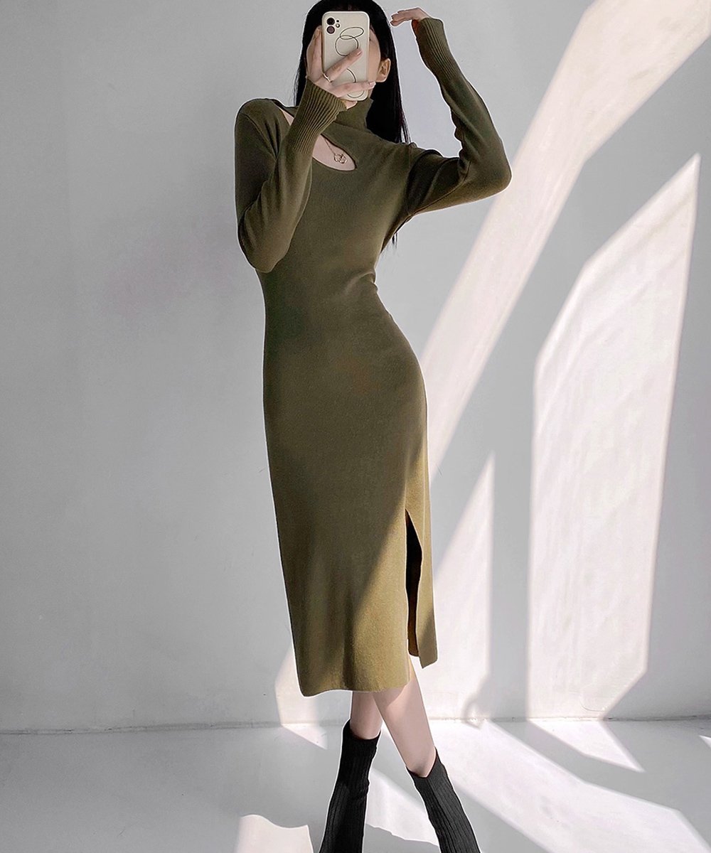 【SALE／30%OFF】miniministore ニットワンピース韓国 スリットワンピース ミニミニストア ワンピース・ドレス ワンピース オレンジ カーキグリーン ホワイト ブラックのサムネイル