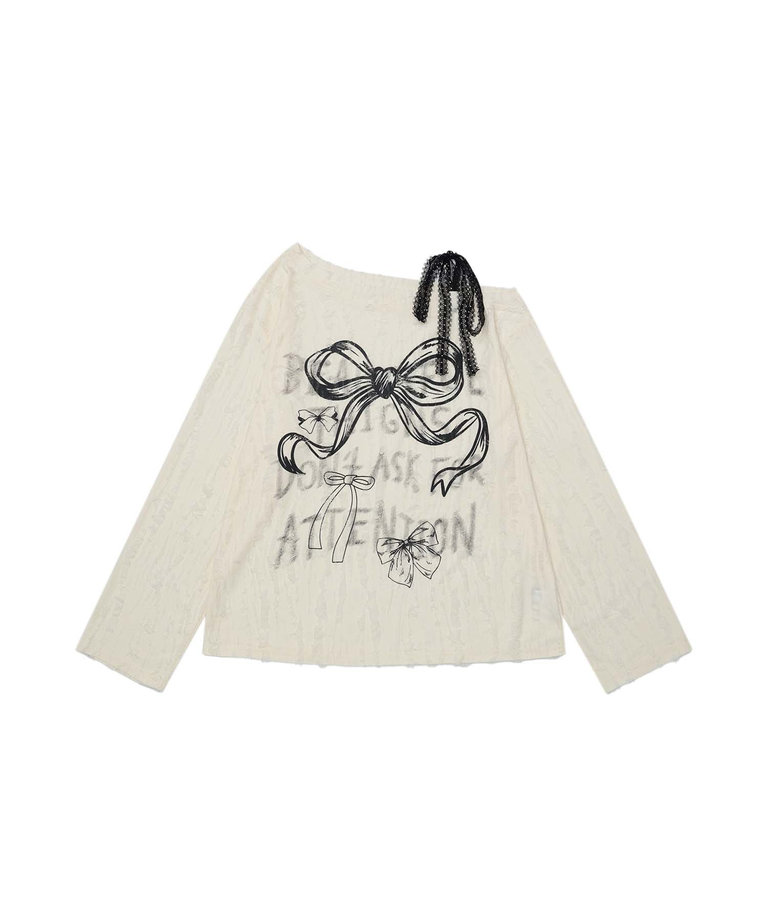 HOOK 【HOOK】for girls リボンプリントオープンショルダーダメージトップス アイモハ トップス カットソー・Tシャツ ベージュ