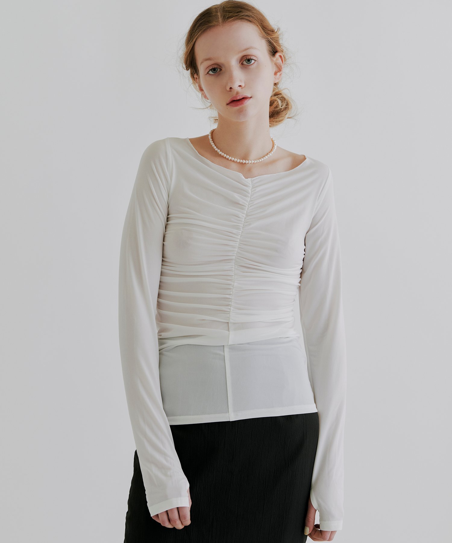kiehtova kiehtova/MOIST GATHER LONG TEE/モイスト ギャザー ロング ティー KTWR31 セットアップセブン トップス カットソー・Tシャツ ホワイト ブラック