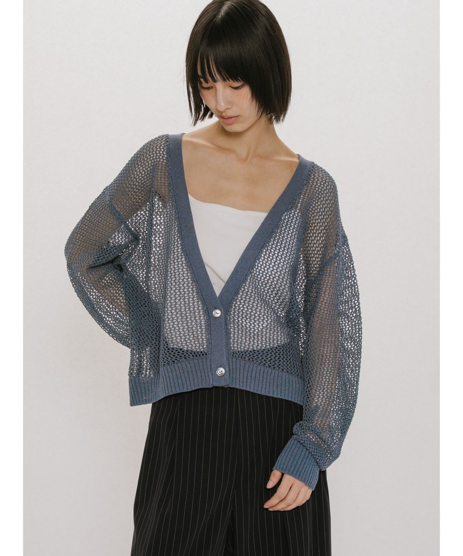 【SALE／50%OFF】MIDIUMISOLID MIDIUMISOLID for Ladies メッシュショートカーディガン マーコート トップス カーディガン ネイビー ピンク ホワイト【送料無料】