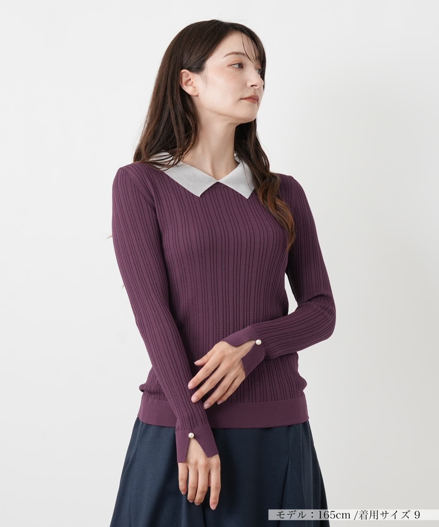 【SALE／50%OFF】Leilian 衿付きリブニット レリアン トップス ニット ピンク ネイビー【送料無料】