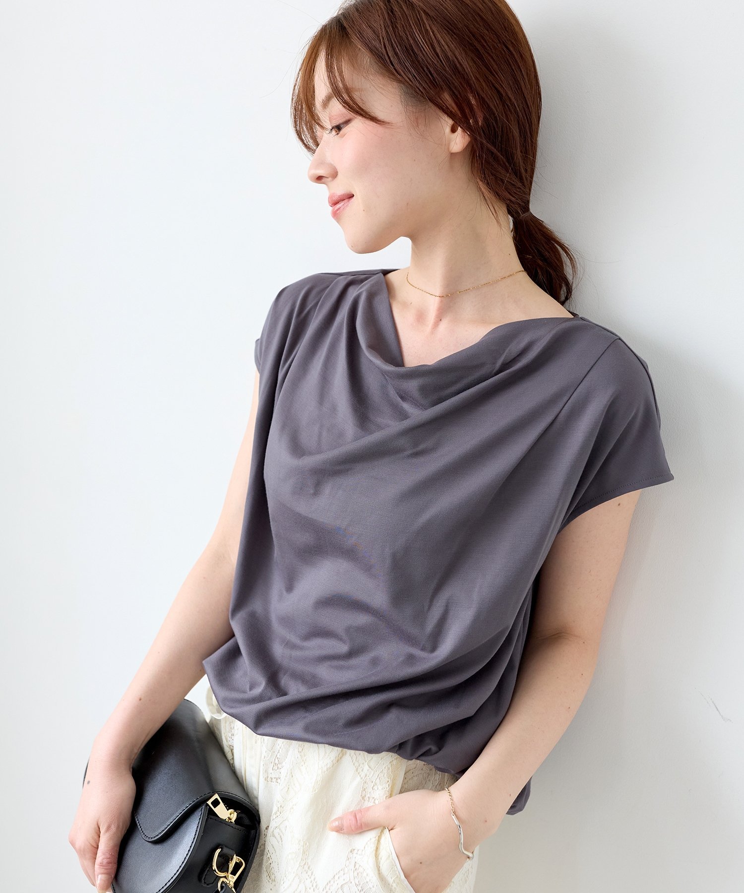 le.coeur blanc ドレープネックカットソー ルクールブラン トップス カットソー・Tシャツ グレー ホワイト ブラック ブルー