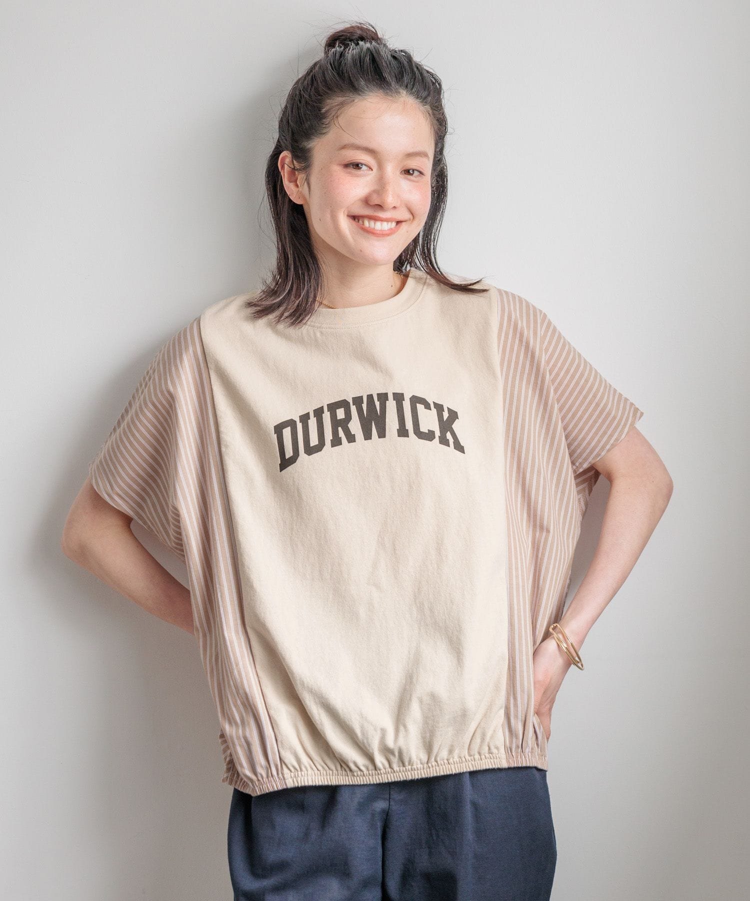 studio CLIP ストライプ切り替えロゴTシャツ スタディオクリップ トップス カットソー・Tシャツ ホワイト ベージュ