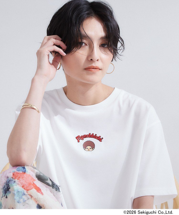 OPAQUE.CLIP 【モンチッチ】フロントプリント&ロゴ刺繍ショートTシャツ《洗濯機OK》 オペークドットクリップ トップス カットソー・Tシャツ ホワイト レッド ブラウン