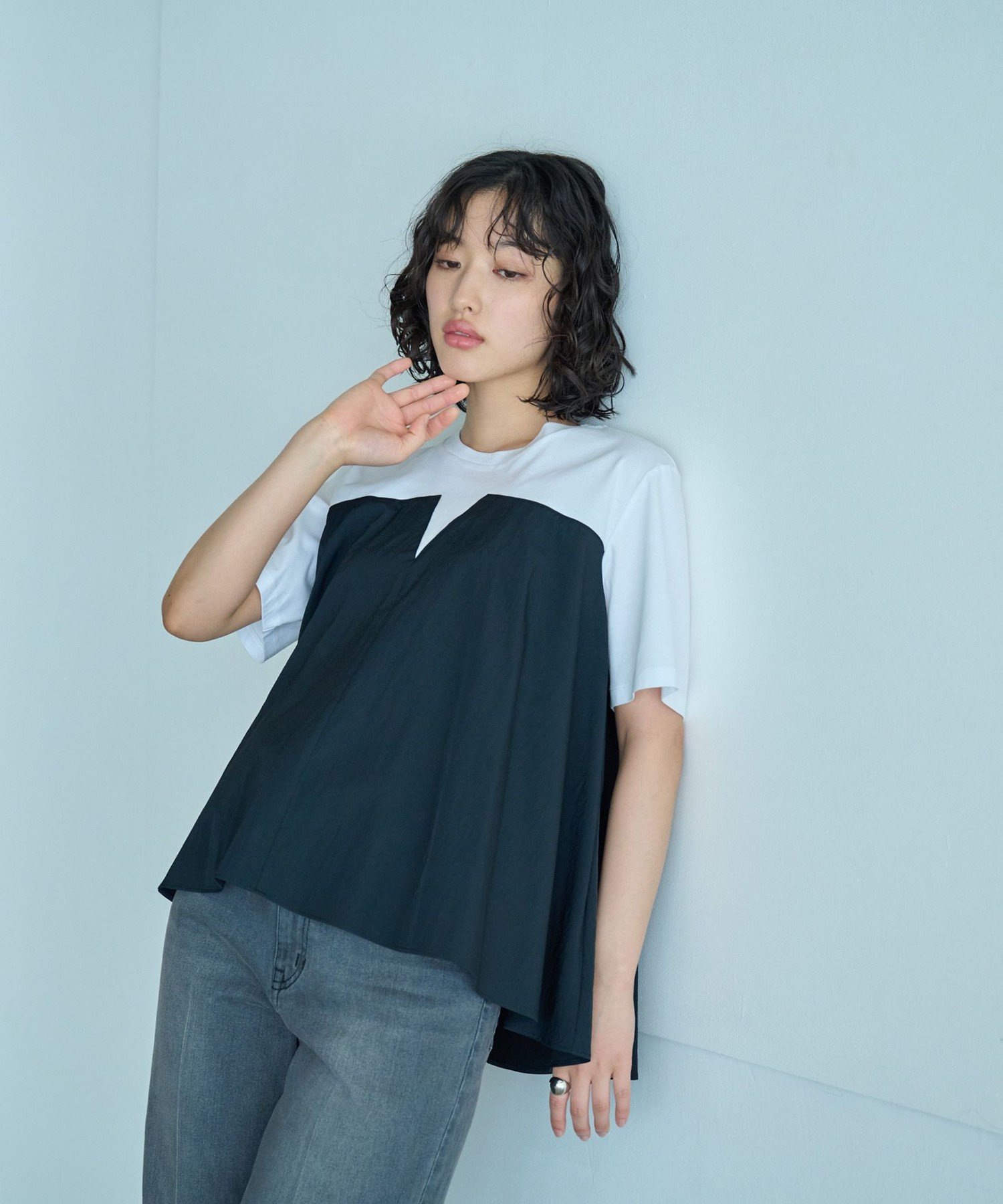 【SALE／55%OFF】CAST: 【1枚で着映える】異素材コンビカットソー キャスト コロン トップス カットソー・Tシャツ ピンク ブラック カーキグリーン【送料無料】