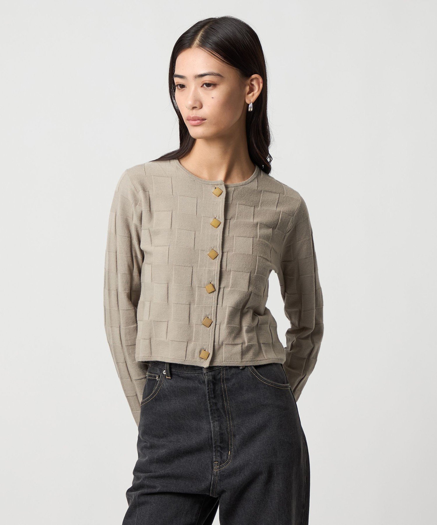 EMMEL REFINES ＜EMMEL REFINES＞EM HW スクエアアミ & ボタン カーディガン ユナイテッドアローズ グリーンレーベルリラクシング トップス カーディガン ベージュ ホワイト【送料無料】のサムネイル