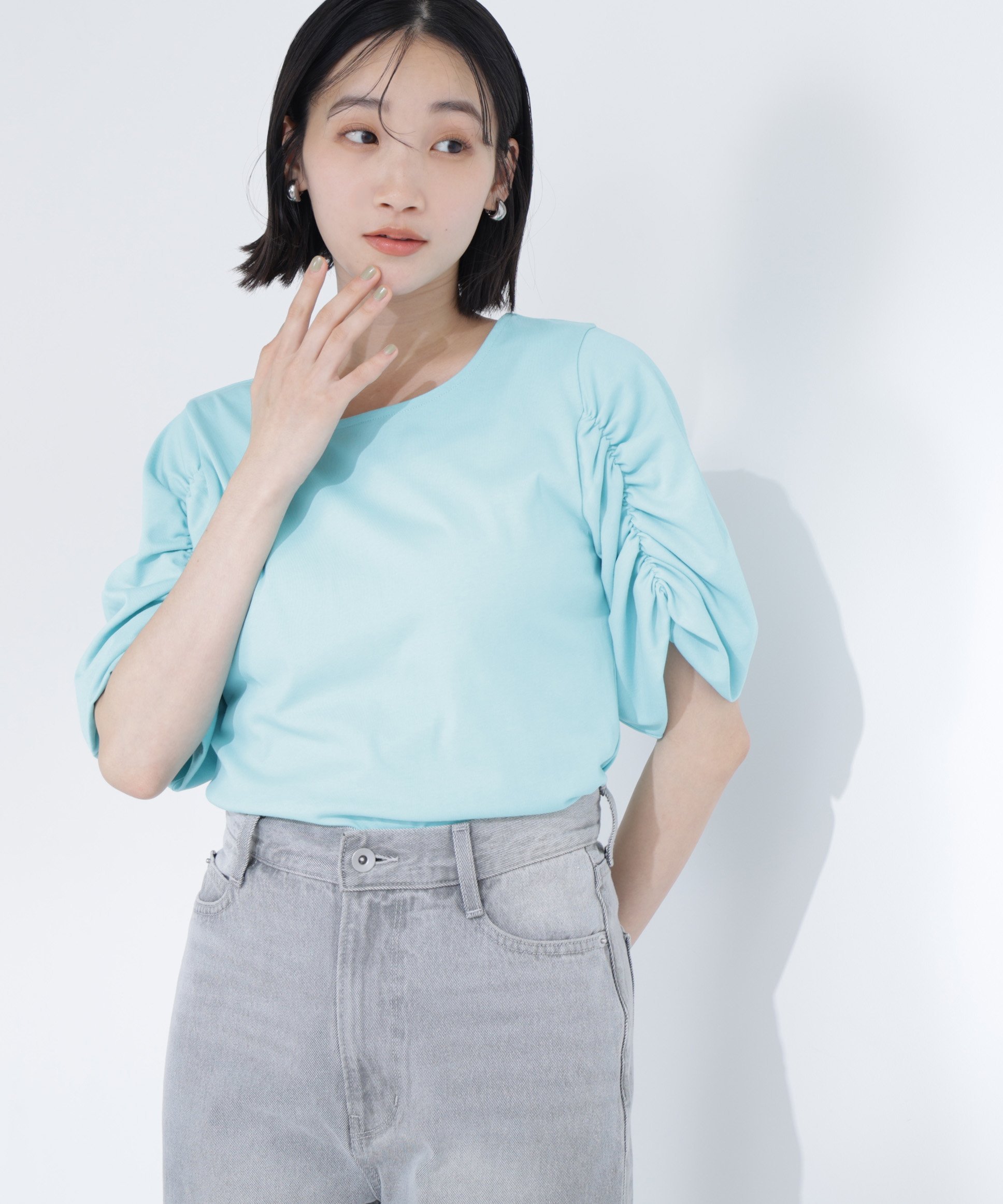 NATURAL BEAUTY BASIC ギャザースリーブカットソー ナチュラルビューティベーシック トップス カットソー・Tシャツ ブラック ホワイト グリーン
