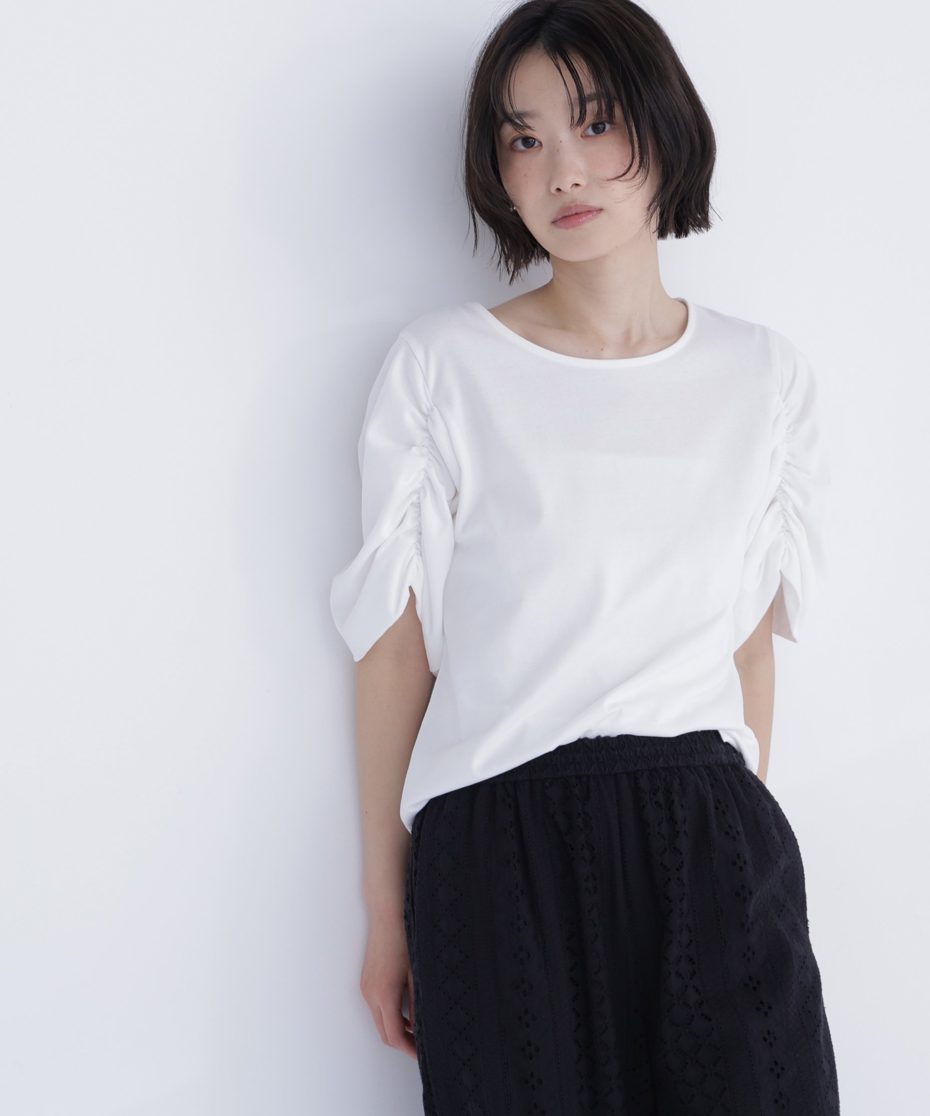 NATURAL BEAUTY BASIC ギャザースリーブカットソー ナチュラルビューティベーシック トップス カットソー・Tシャツ ブラック ホワイト グリーン