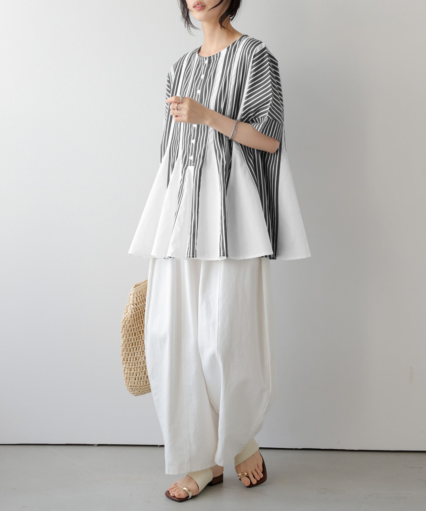 La-gemme ストライプフレアブラウス ラジュール トップス カットソー・Tシャツ ブルー ブラック