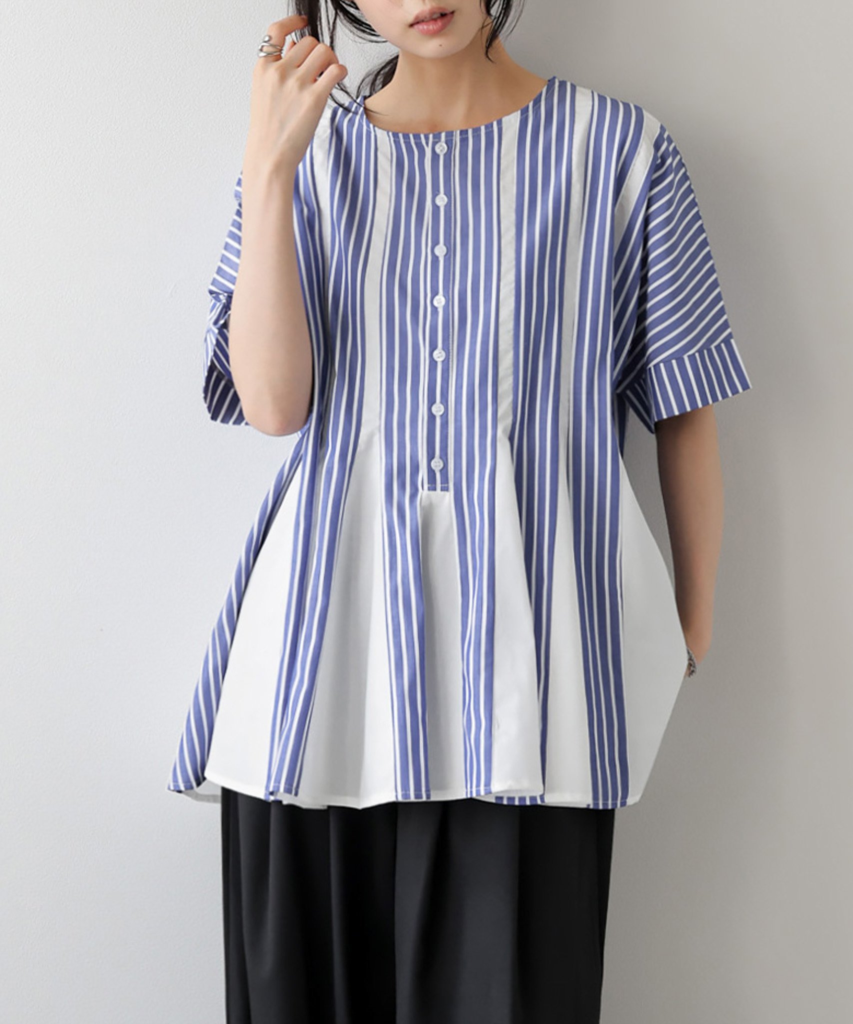 La-gemme ストライプフレアブラウス ラジュール トップス カットソー・Tシャツ ブルー ブラック