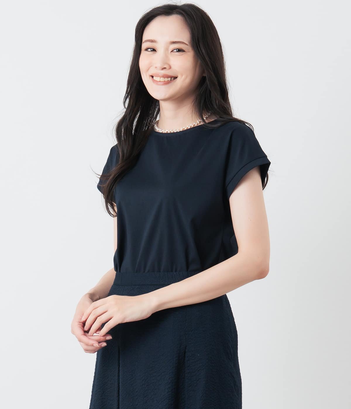 NEWYORKER WOMEN L-SIZE 【L】【吸水速乾・接触冷感】フレンチスリーブ クルーネックカットソー レディース プレーティング天竺 ニューヨーカー エルサイズ トップス カットソー・Tシャツ ネイビー ホワイト