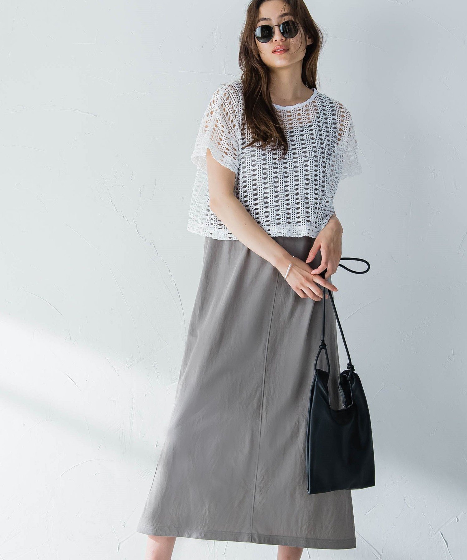 【SALE／50%OFF】MAYSON GREY レースブラウスレイヤードワンピース≪手洗い可能≫ メイソングレイ ワンピース・ドレス ワンピース グレー ブラック【送料無料】のサムネイル