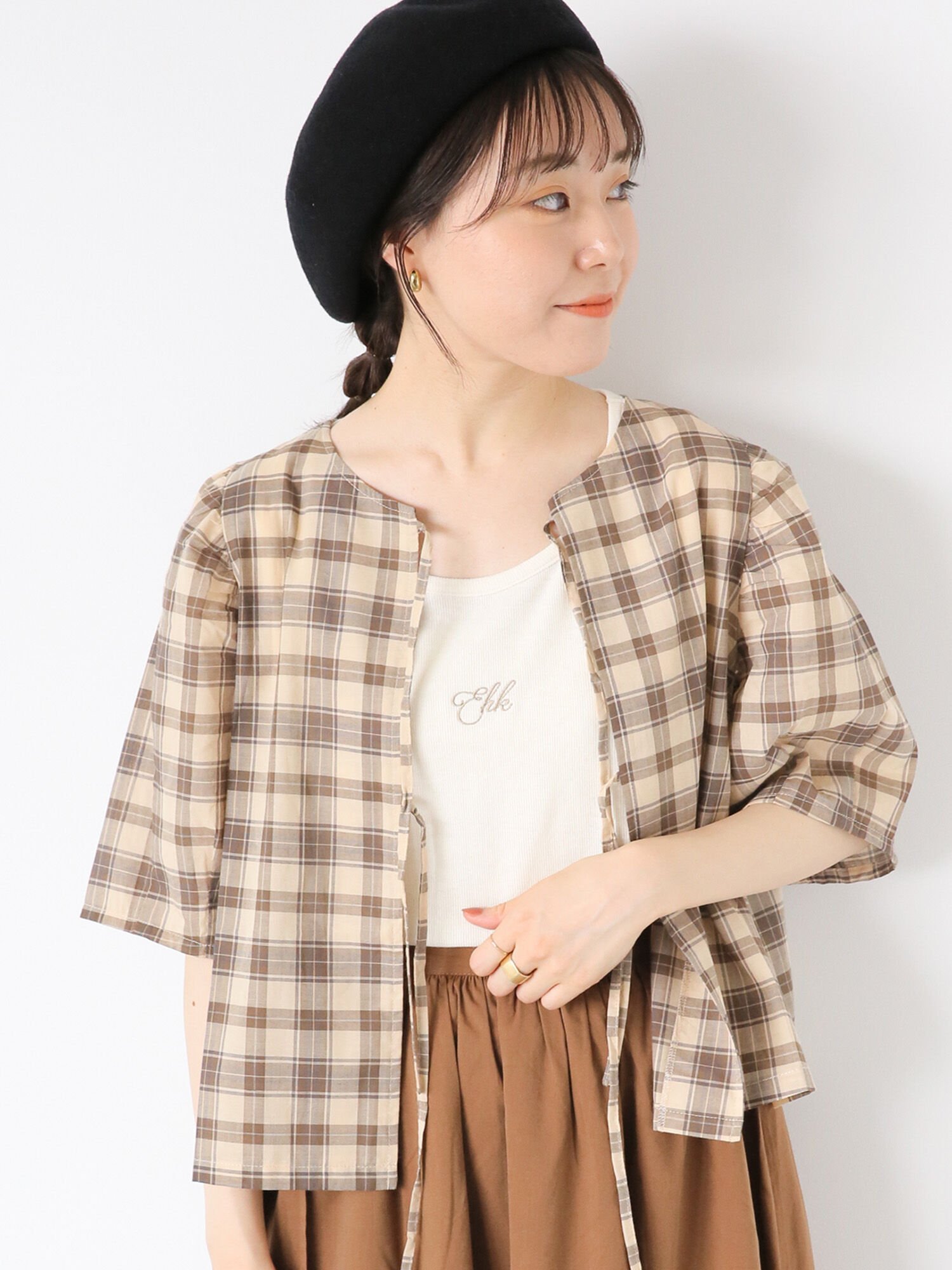 【SALE／55%OFF】ehka sopo チェックリボンブラウス エヘカソポ トップス シャツ・ブラウス ベージュ グリーン ブルー ブラウンのサムネイル