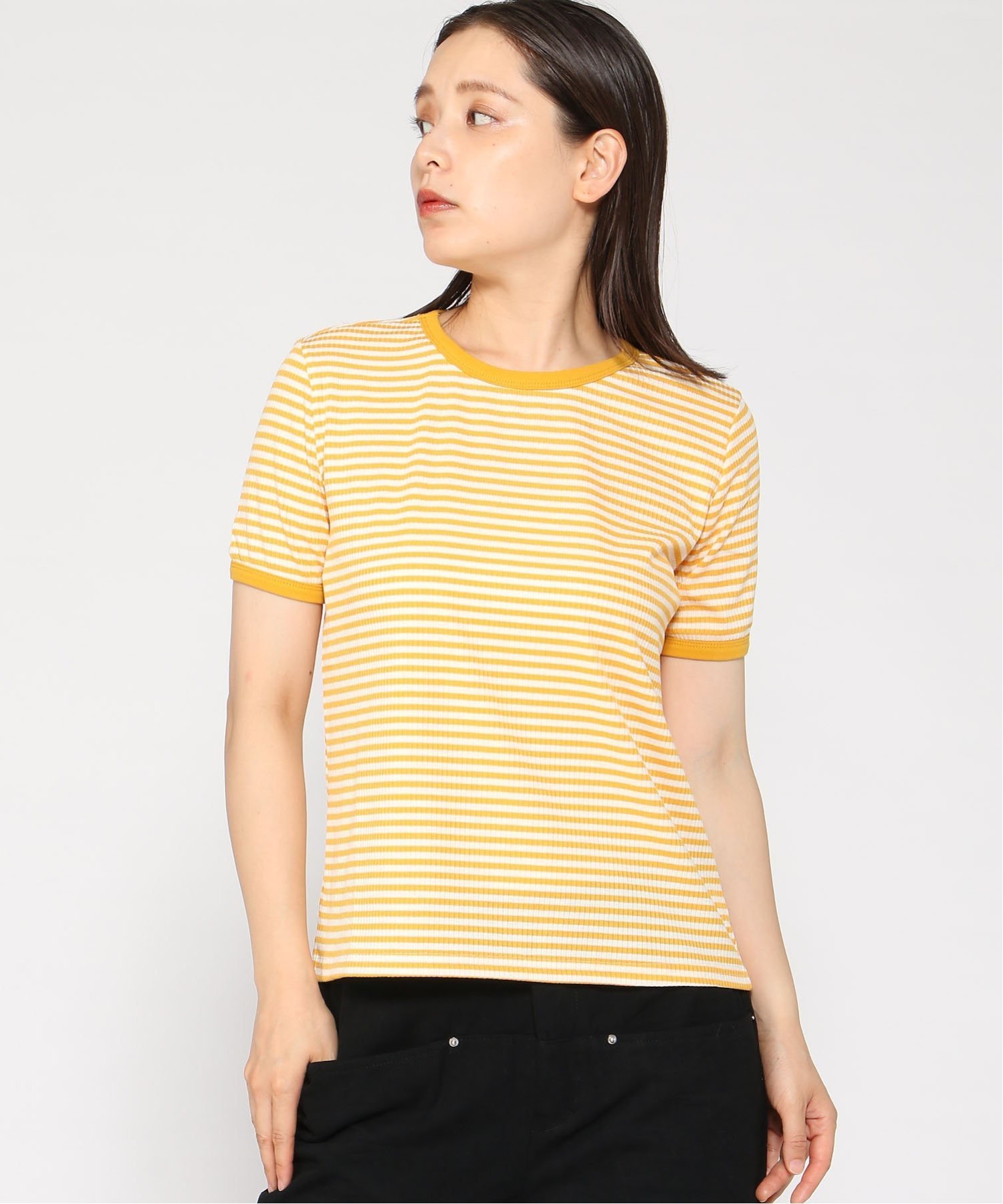 【SALE／47%OFF】Girly Doll Girly Doll/カラーボーダーTシャツ ドゥーラ ドゥーラ トップス カットソー・Tシャツ ベージュ ピンク グリーン ブルー イエローのサムネイル