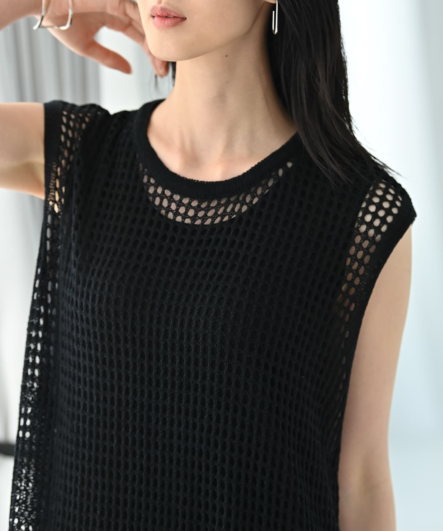 STYLE DELI 【BLK001】スリット入りメッシュニットワンピース スタイルデリ トップス ニット グレー ブラック