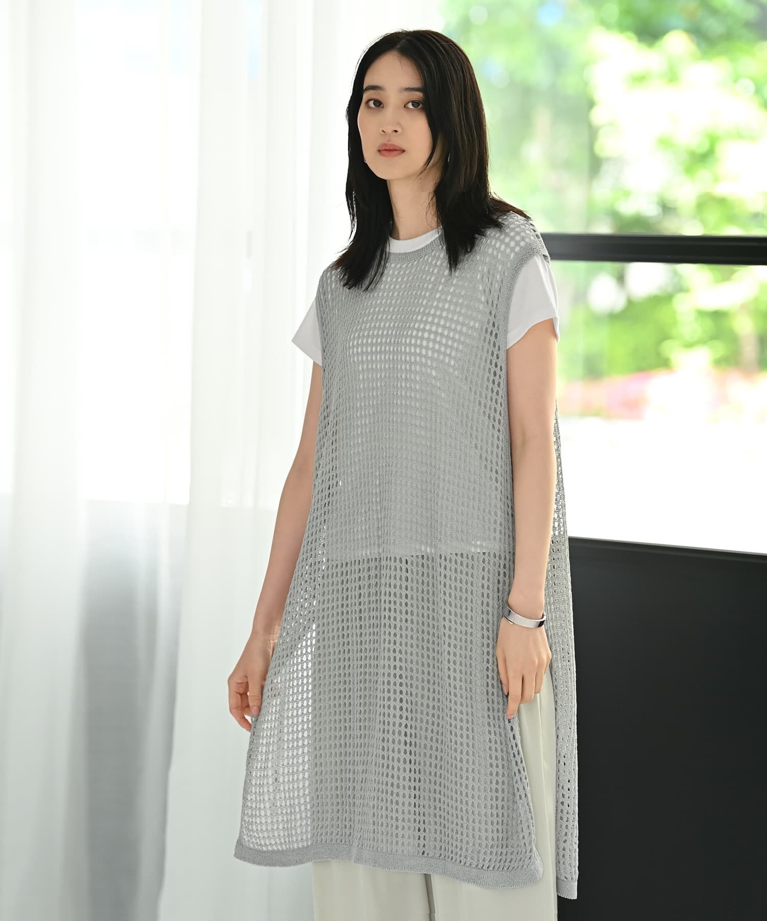 STYLE DELI 【BLK001】スリット入りメッシュニットワンピース スタイルデリ トップス ニット グレー ブラック