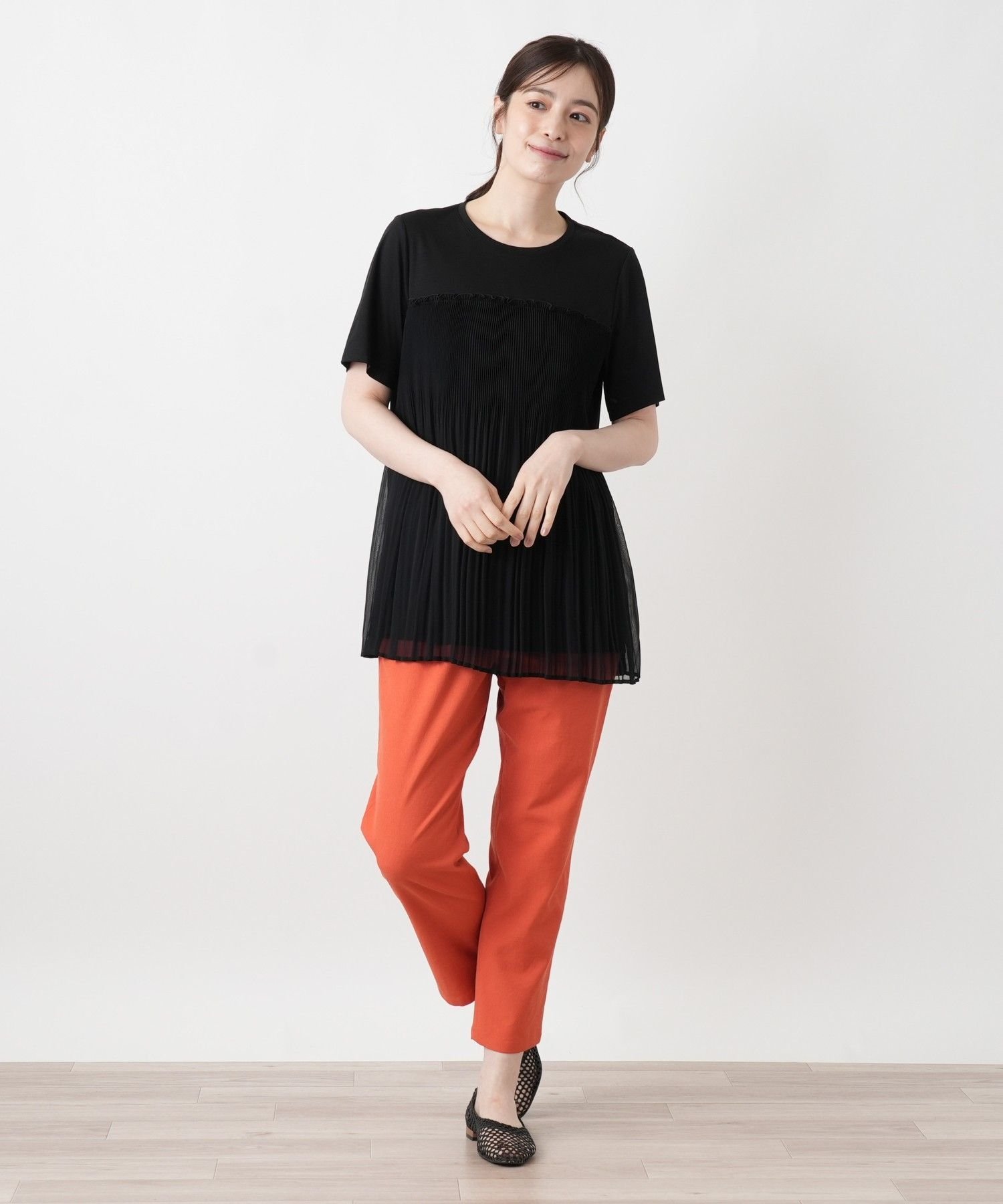Leilian 【接触冷感】プリーツ切替カットソー レリアン トップス カットソー・Tシャツ ネイビー ブラック