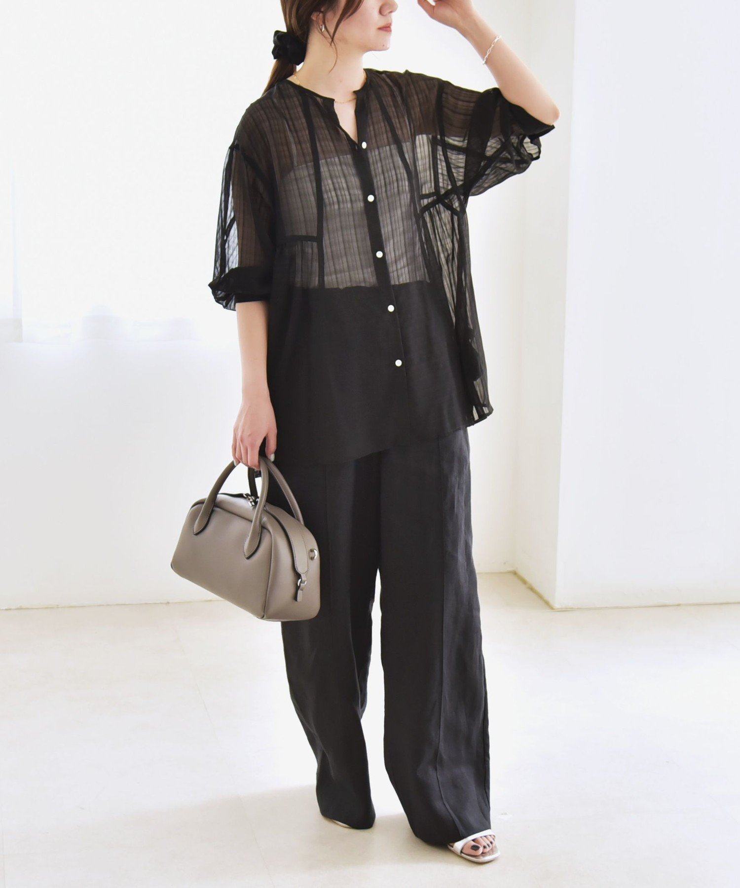 【SALE／60%OFF】quaranciel quaranciel:＜手洗い可能＞シアー チェック ノーカラー ハーフスリーブ ブラウス シップス トップス シャツ・ブラウス カーキグリーン ブラック【送料無料】