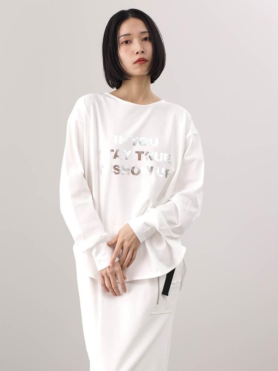 LASUD 箔プリントロングスリーブTシャツ ラシュッド トップス カットソー・Tシャツ ブラック ホワイト レッド
