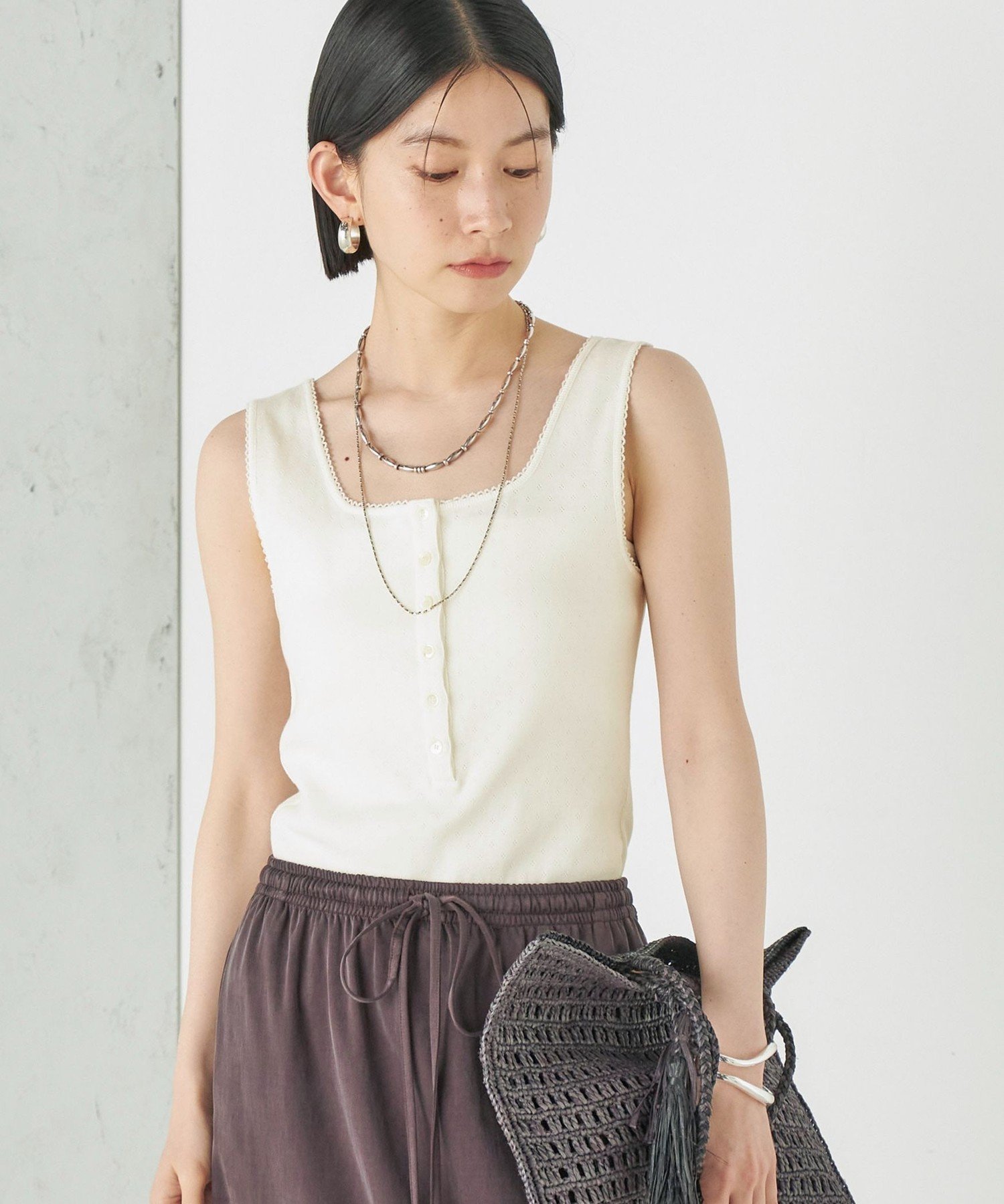 WOMEN Wai+:＜手洗い可能＞アイレット ヘンリー タンクトップ シップス トップス ノースリーブ・タンクトップ カーキグリーン ホワイト ピンク ブラック
