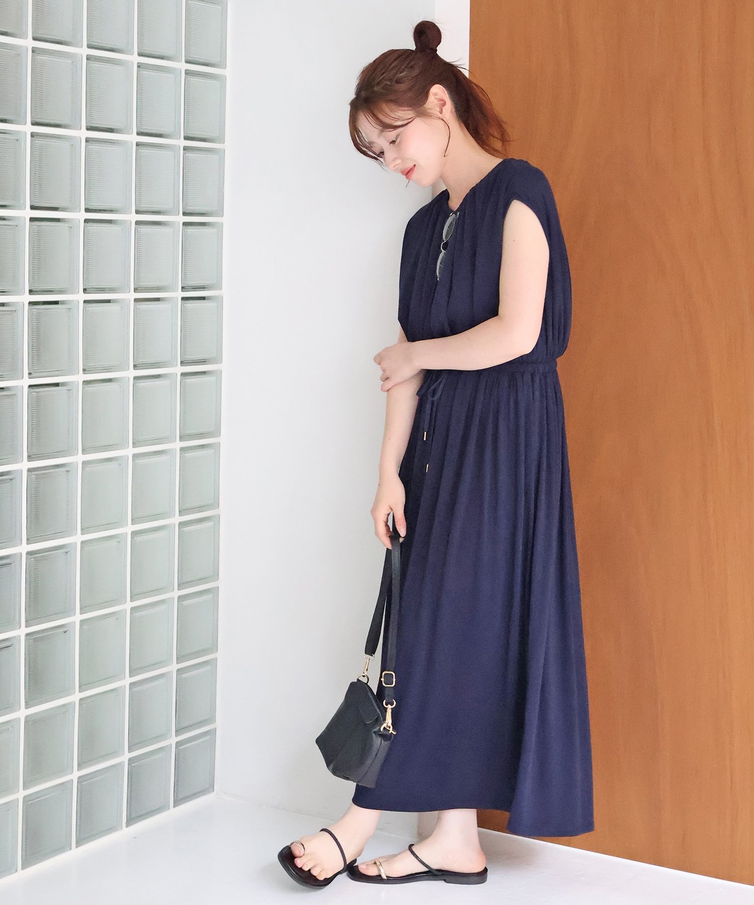 【SALE／50%OFF】le.coeur blanc ソフト天竺ウエストドロストワンピース ルクールブラン ワンピース・ドレス その他のワンピース・ドレス ネイビー ブラウン【送料無料】