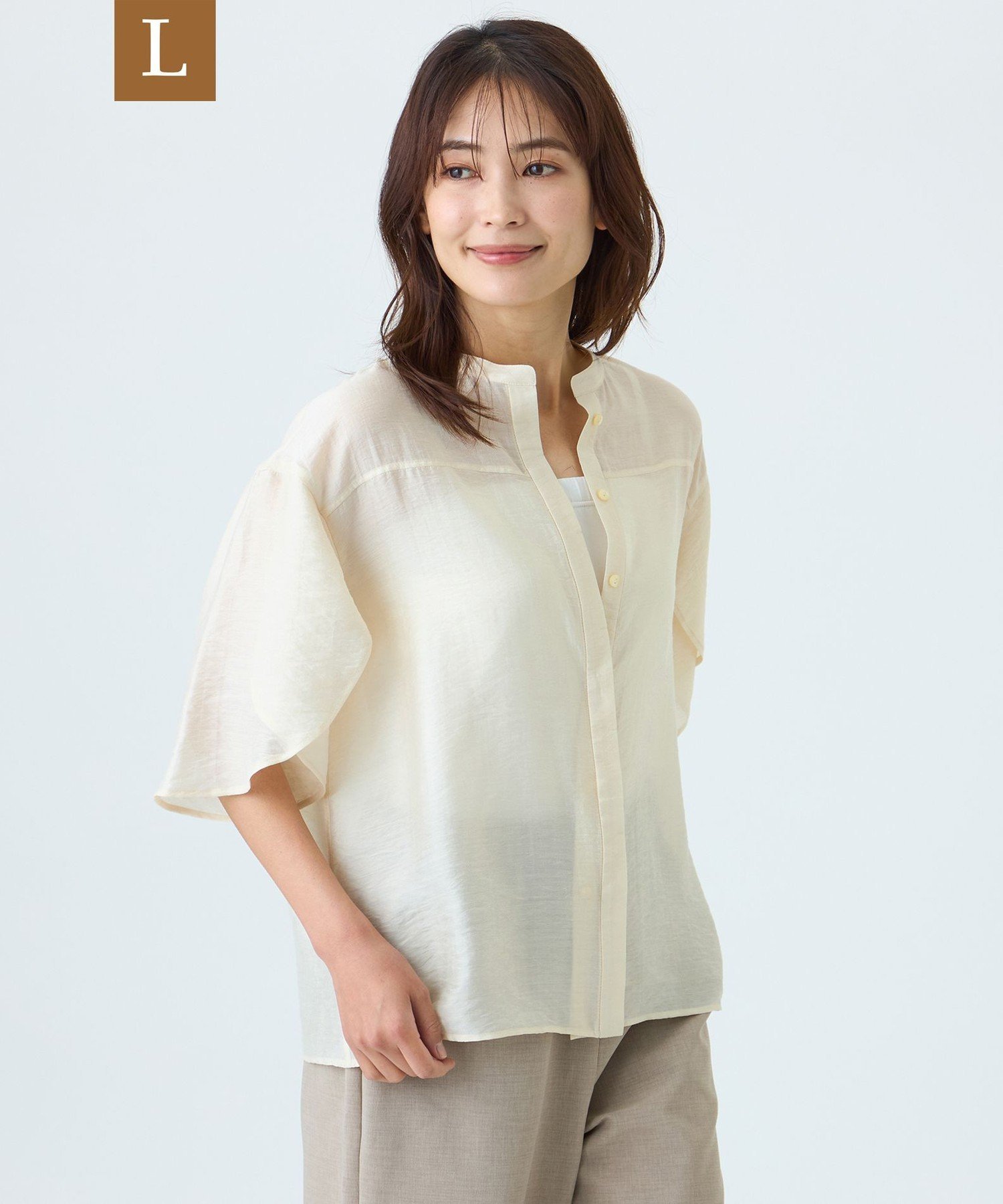 TRANS WORK 【L】【ウォッシャブル】パウダーシアーブラウス サンヨー エルサイズ トップス シャツ・ブラウス ブラウン ホワイト グリーン