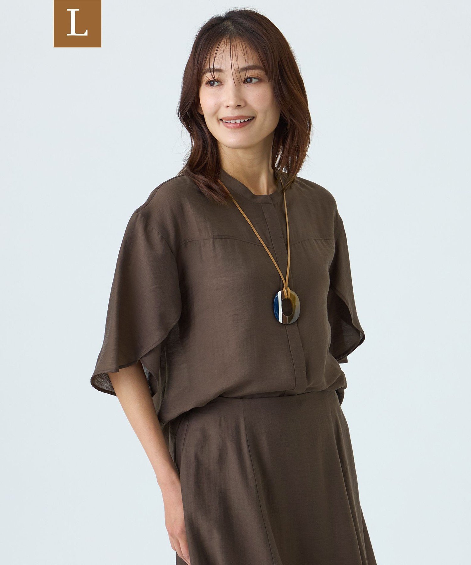 TRANS WORK 【L】【ウォッシャブル】パウダーシアーブラウス サンヨー エルサイズ トップス シャツ・ブラウス ブラウン ホワイト グリーン