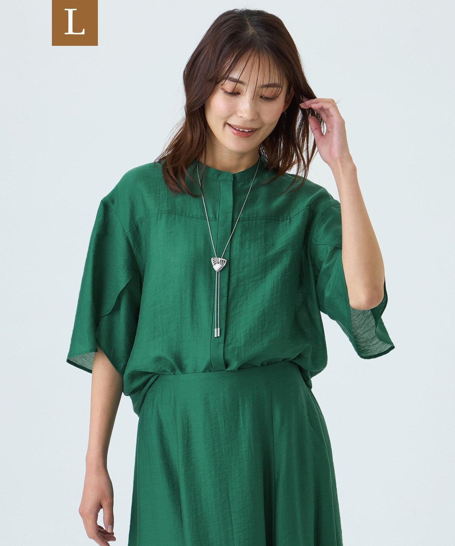 TRANS WORK 【L】【ウォッシャブル】パウダーシアーブラウス サンヨー エルサイズ トップス シャツ・ブラウス ブラウン ホワイト グリーン