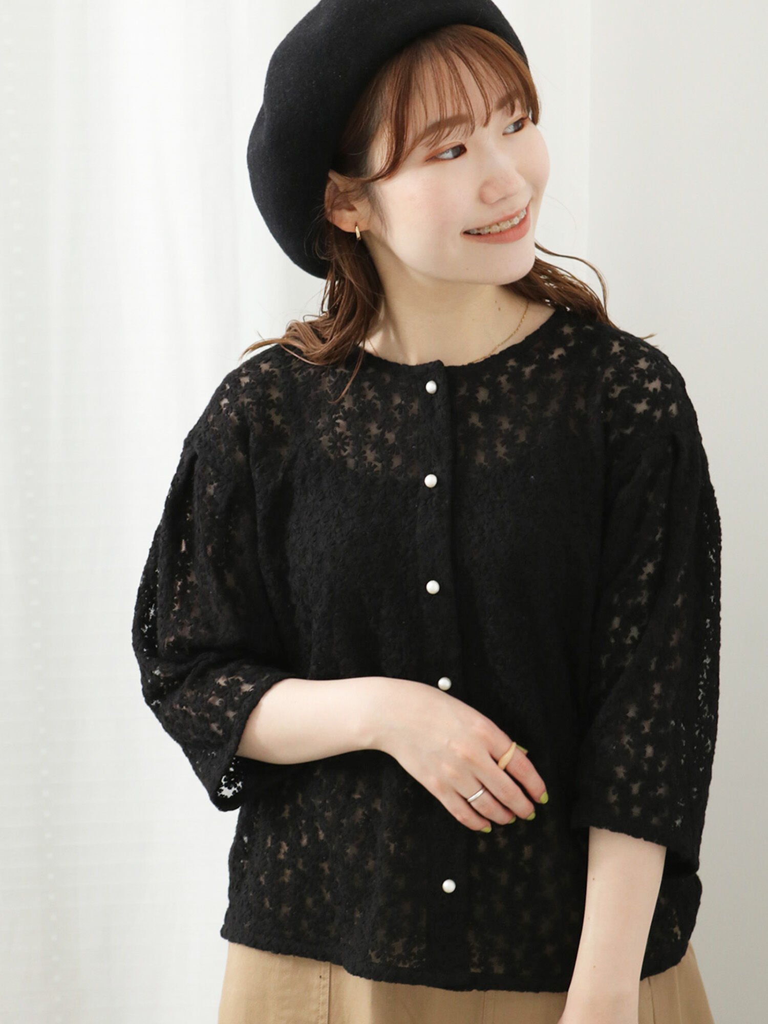 【SALE／55%OFF】ehka sopo ノーカラーレースブラウス エヘカソポ トップス シャツ・ブラウス ブラック ホワイト ブルー ブラウンのサムネイル