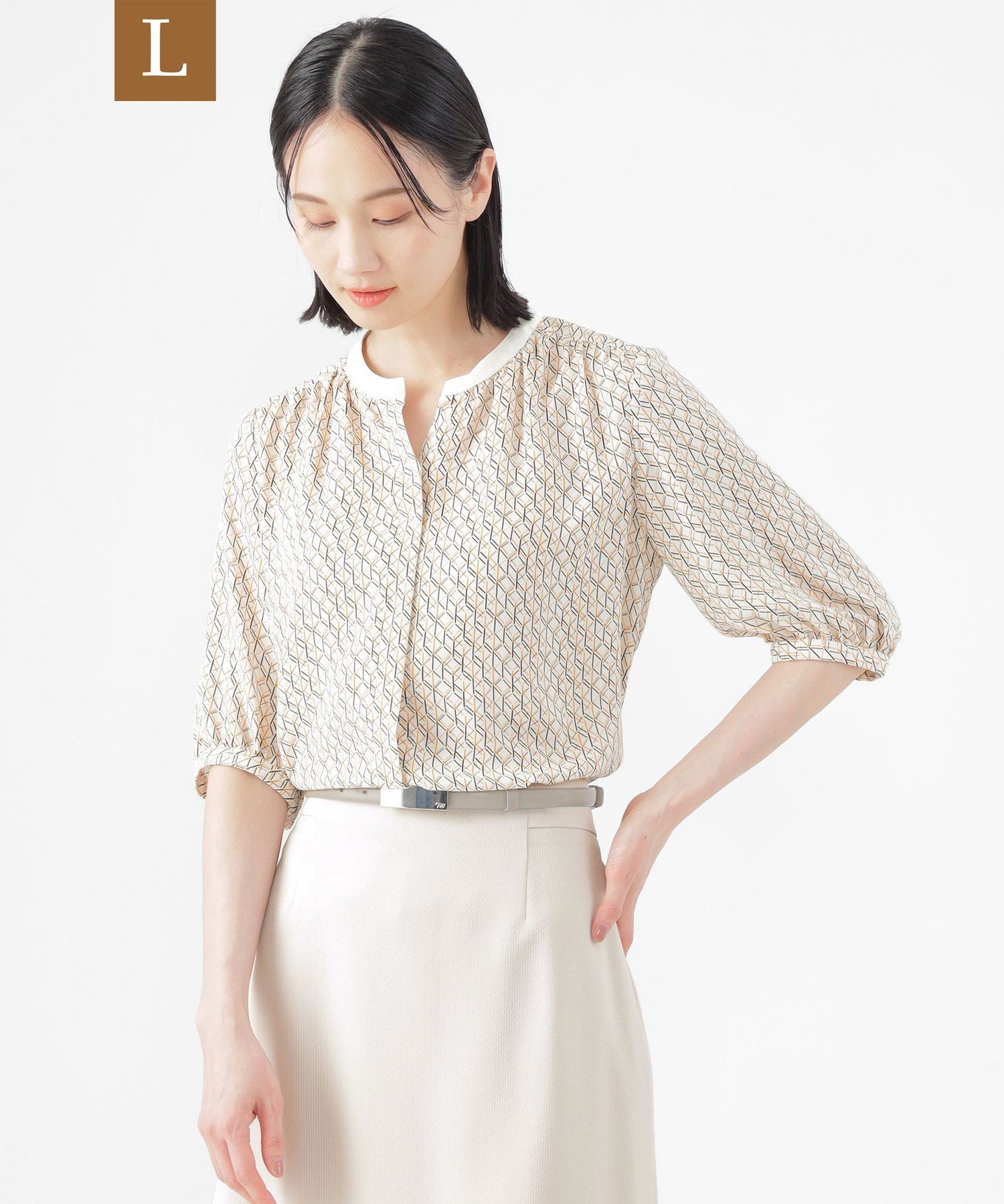 TRANS WORK 【L】【UV対策】【ウォッシャブル】ラインキューブプリントキーネックブラウス サンヨー エルサイズ トップス シャツ・ブラウス ネイビー ピンク