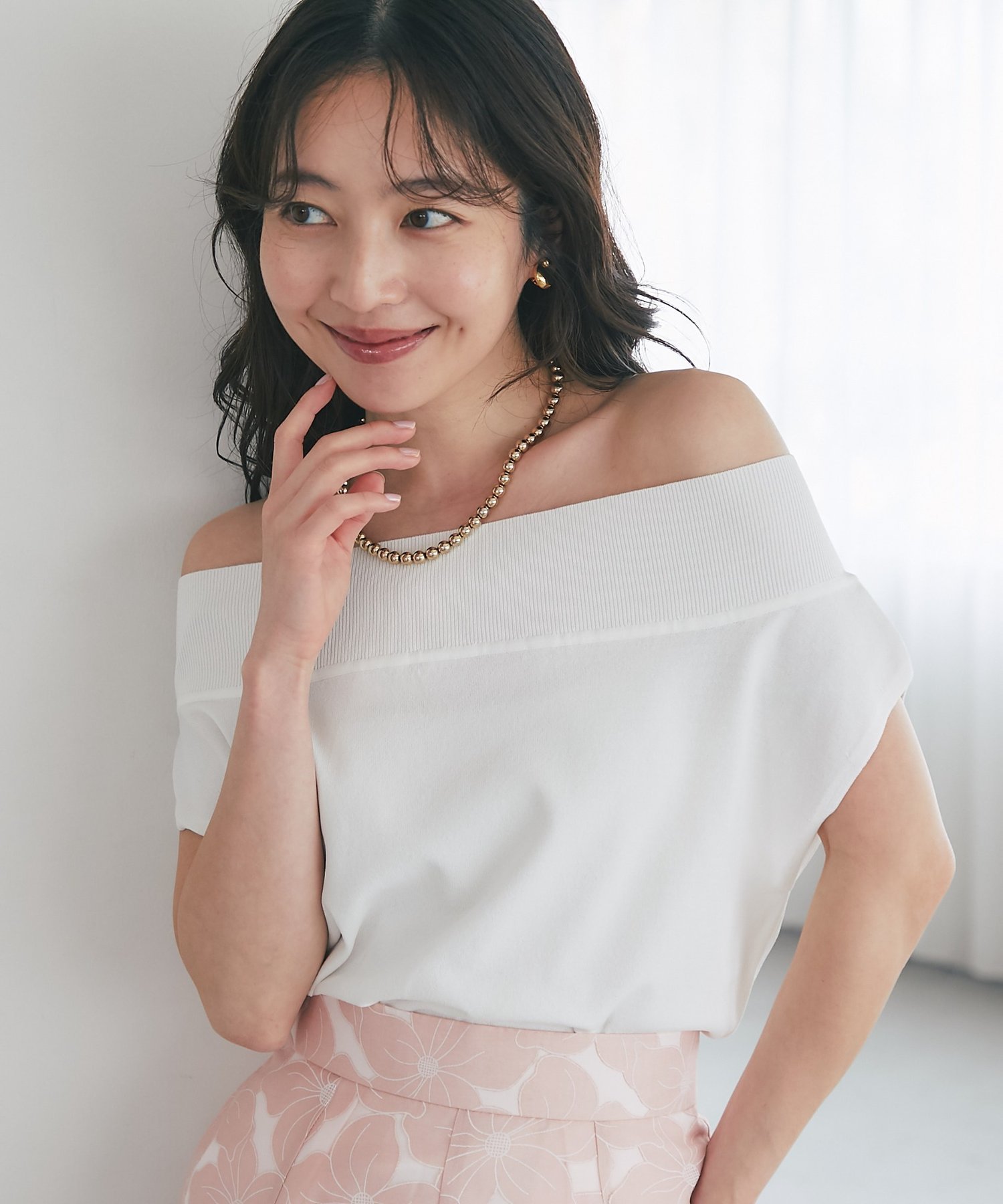 La boutique BonBon 【接触冷感・UVカット】クールタッチUVオフショルフレンチニット ラブティックボンボン トップス ニット ブラウン ホワイト ブラック ブルー グレー