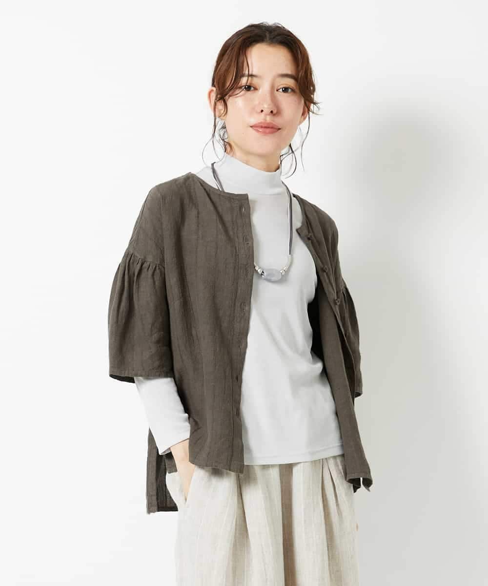 （小さいサイズ） 麻ストライプブラウス メゾンドゥサンク トップス シャツ・ブラウス カーキグリーン ベージュ