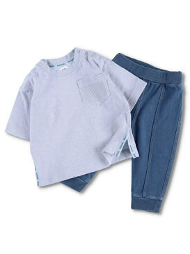 【SALE/69%OFF】branshes ロゴテープトップス+デニムニットパンツ ブランシェス ビジネス/フォーマル セットアップスーツ ブラウン ブルー