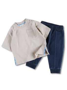 【SALE/69%OFF】branshes ロゴテープトップス+デニムニットパンツ ブランシェス ビジネス/フォーマル セットアップスーツ ブラウン ブルー