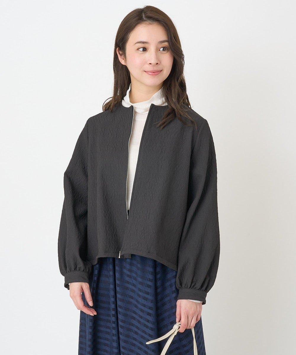 【SALE／50%OFF】MK MICHEL KLEIN（小さいサイズ） 【小さいサイズ】フクレジャガードノーカラーブルゾン/洗える メゾンドゥサンク ジャケット・アウター その他のジャケット・アウター ブラック ホワイト【送料無料】