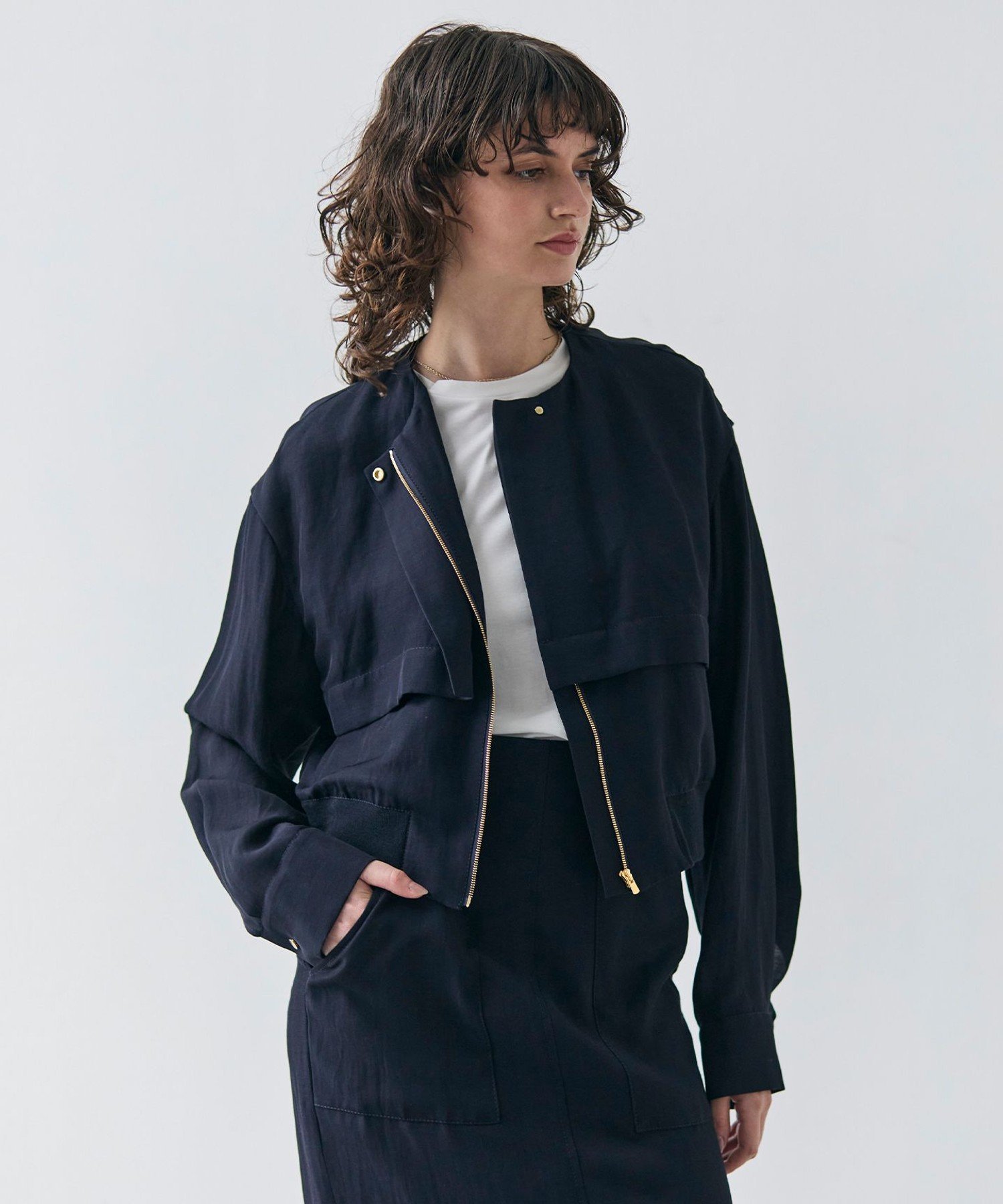 , 【洗える】BERNARD / リネンノーカラーラップブルゾン ベイジ, ジャケット・アウター ノーカラージャケット グリーン ネイビー