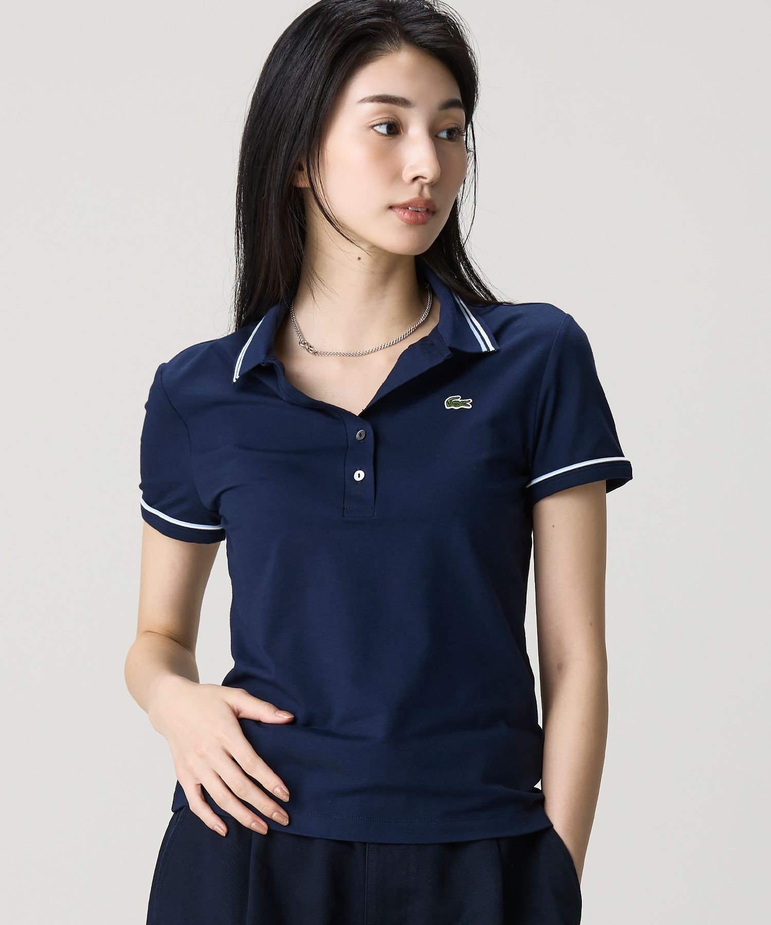 LACOSTE カラー&カフスラインスリムフィットポロシャツ ラコステ トップス ポロシャツ ホワイト ネイビー【送料無料】