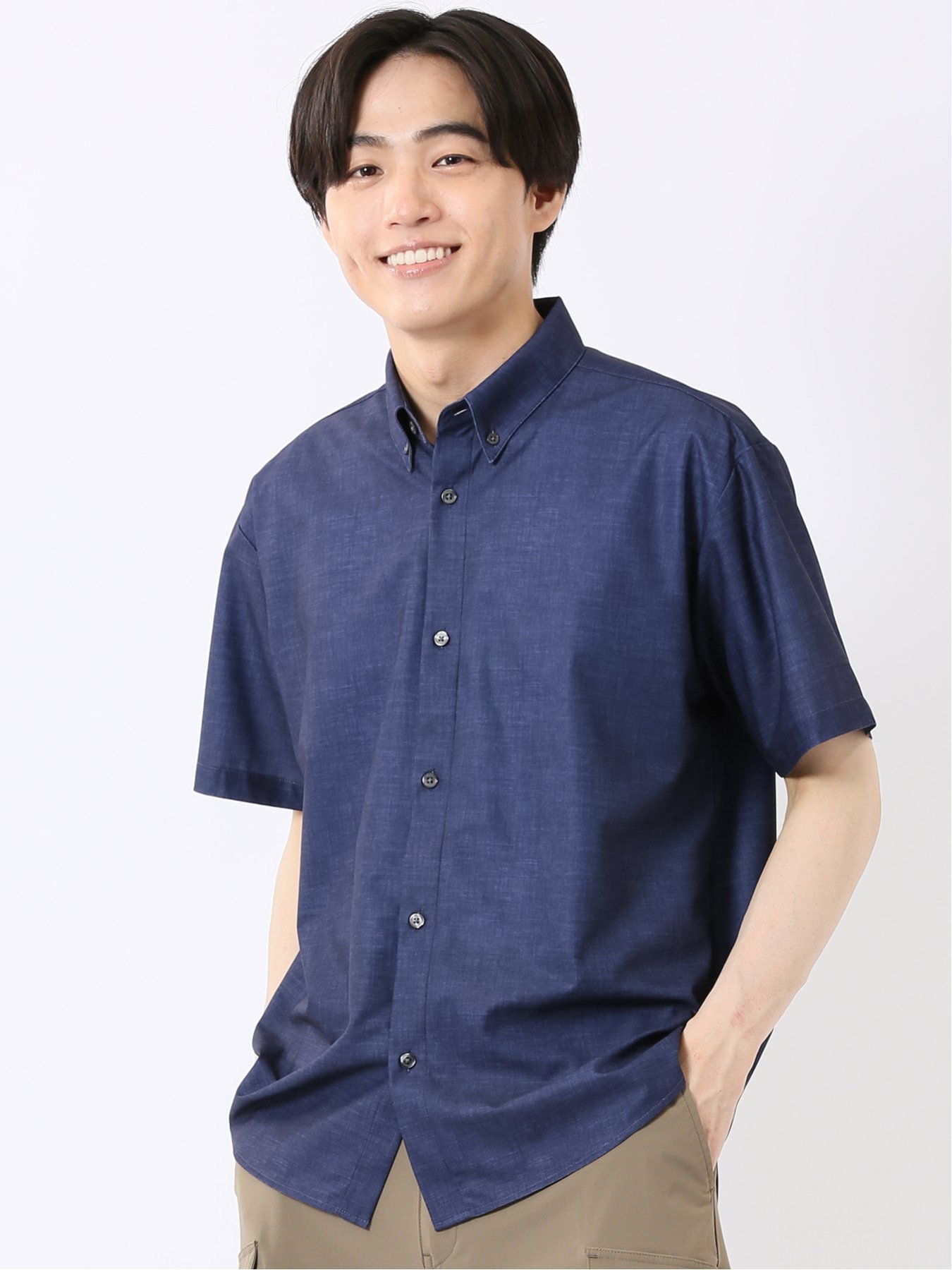 ストレッチ 吸水速乾 ノンアイロン トリコット ハケメ ボタンダウン 半袖 シャツ メンズ タカキュー トップス シャツ・ブラウス ネイビー カーキグリーン