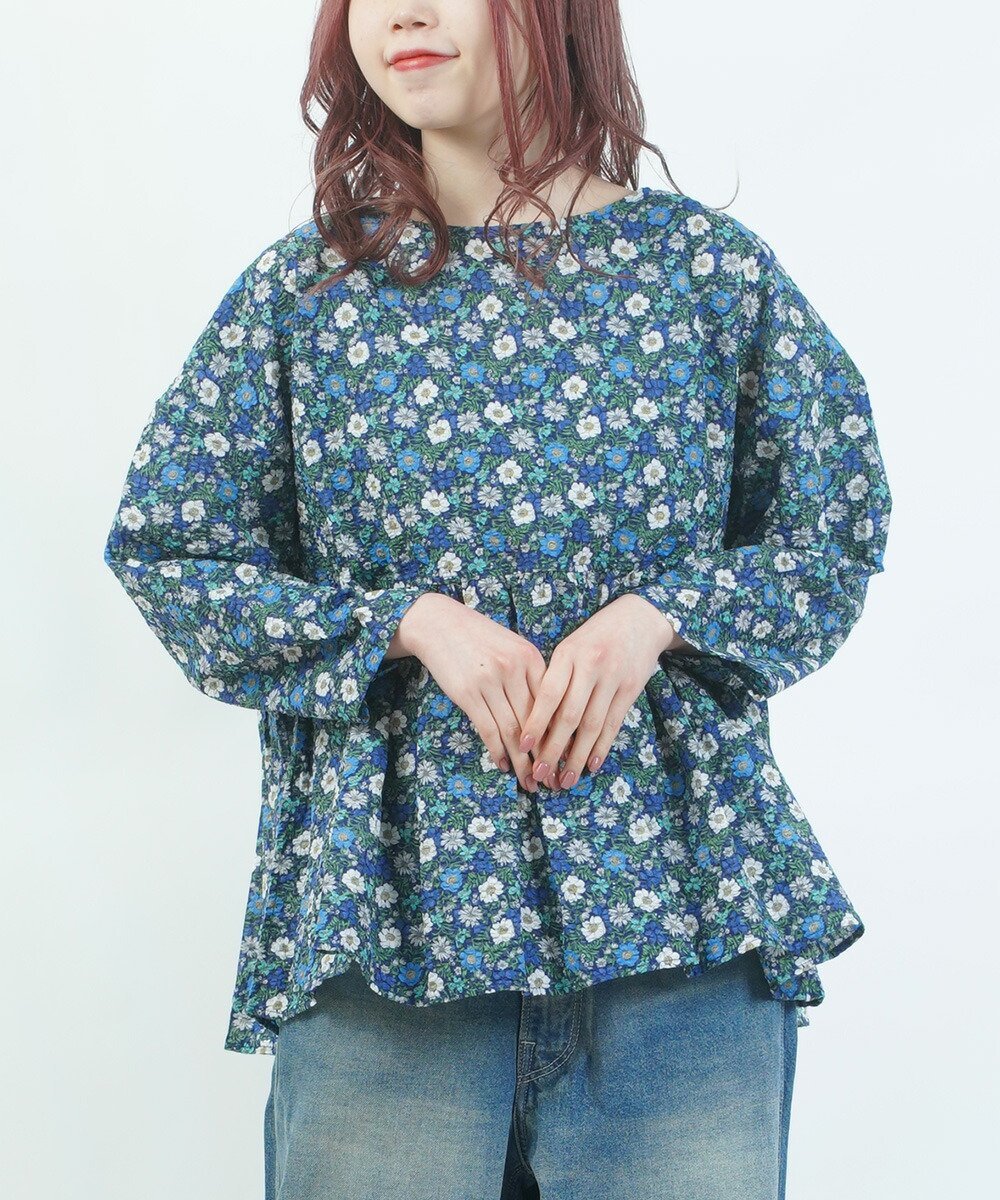 naru ナル 80ローン塩縮ボタニカルフラワーギャザーチュニック ブルーコムブルー トップス シャツ・ブラウス