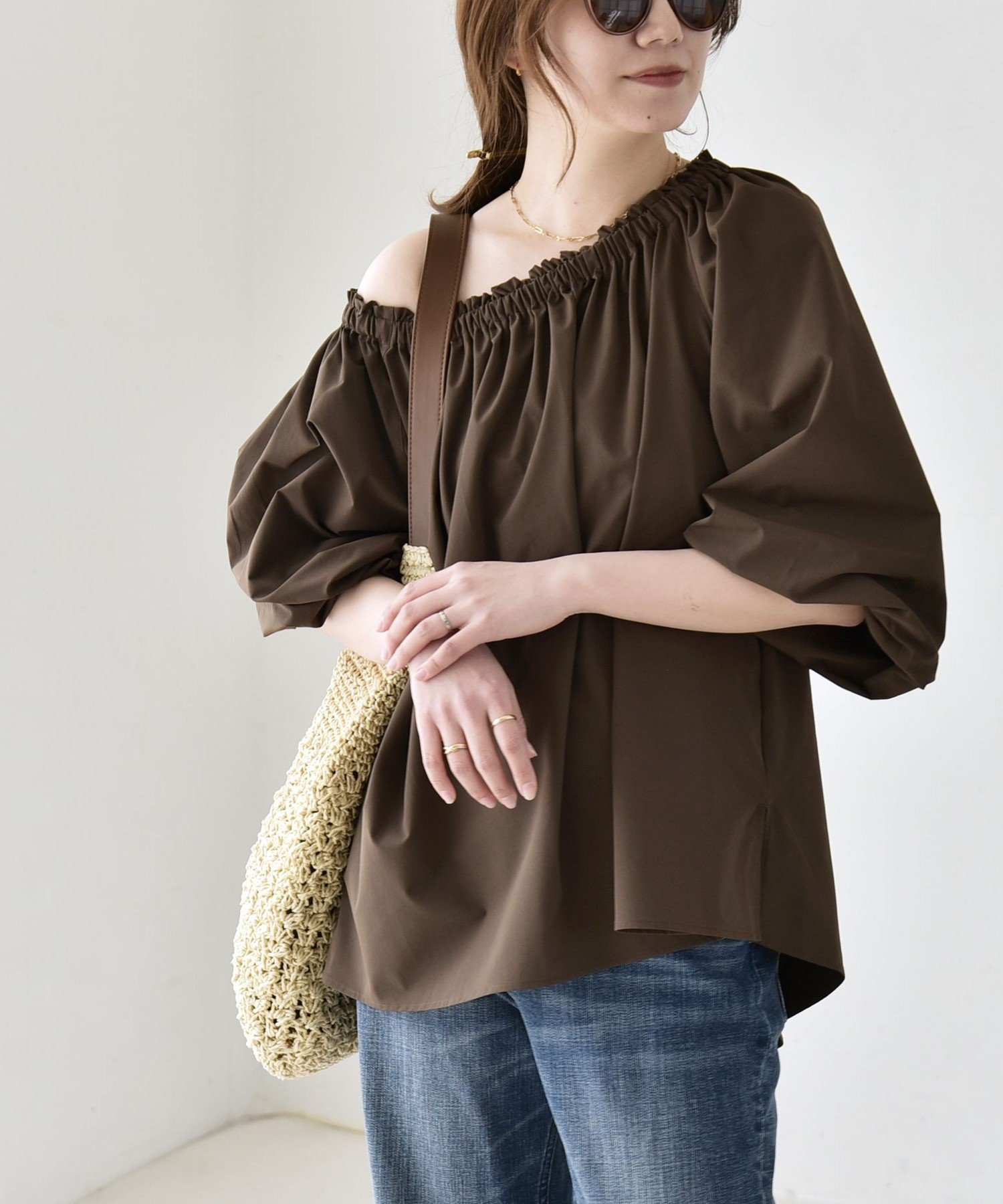 quaranciel quaranciel:＜接触冷感/UVカット/撥水加工＞ギャザー オフショル ラッシュガード ブラウス シップス トップス シャツ・ブラウス カーキグリーン